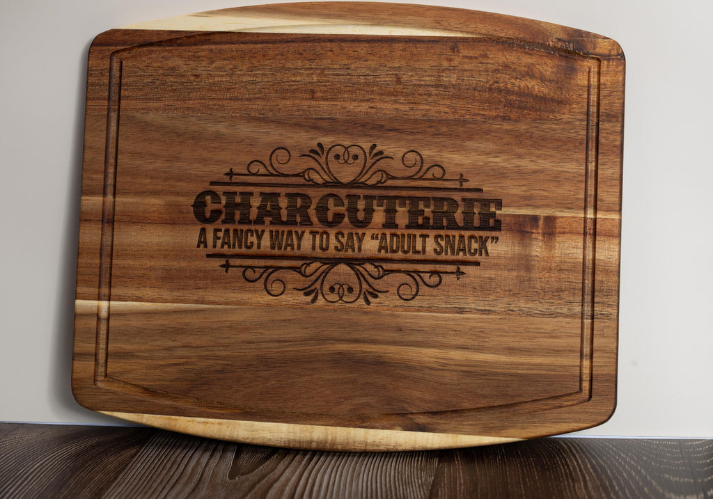 Funny 'adult snack' charcuterie board: acacia wood, laser engraved 10x12