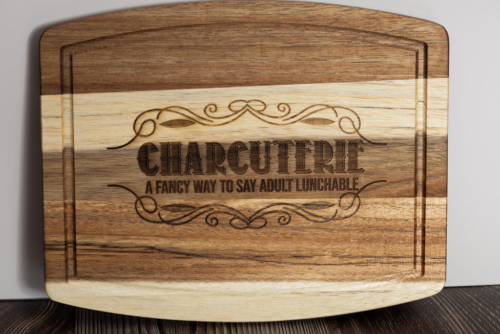 Funny 'adult lunchable' acacia wood charcuterie board - laser engraved