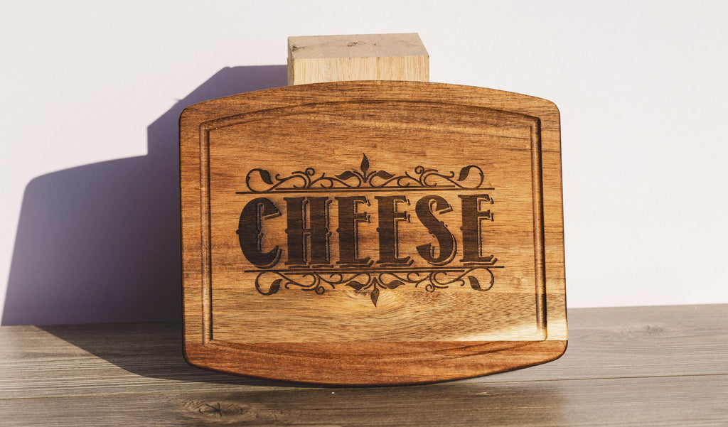 Acacia wood cheese charcuterie board: laser engraved rustic serving tray