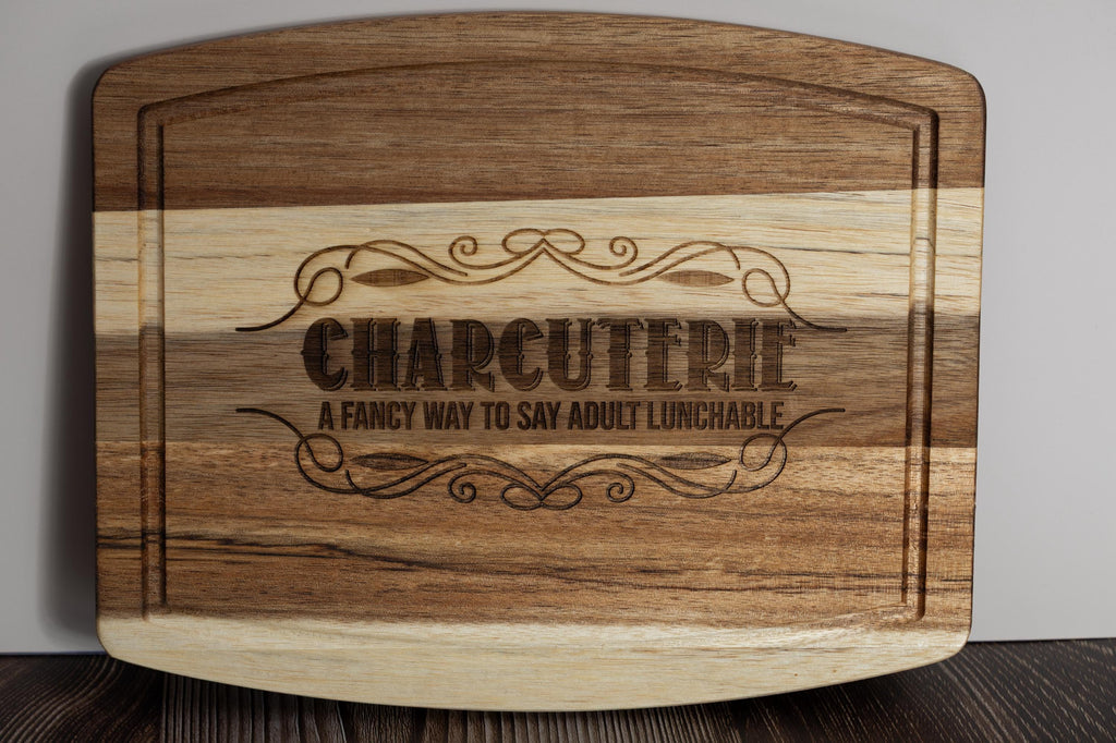 Funny 'adult lunchable' acacia wood charcuterie board - laser engraved