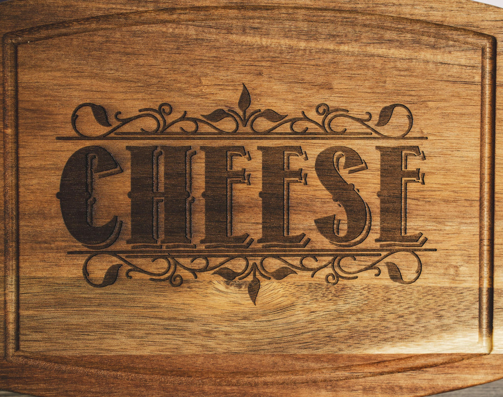 Acacia wood cheese charcuterie board: laser engraved rustic serving tray