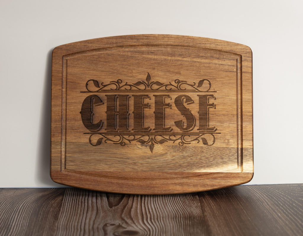 Acacia wood cheese charcuterie board: laser engraved rustic serving tray