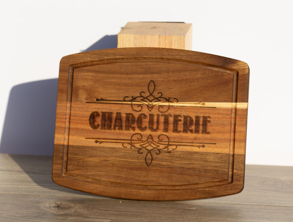 Acacia wood charcuterie board: rustic laser engraved serving tray (10x12)