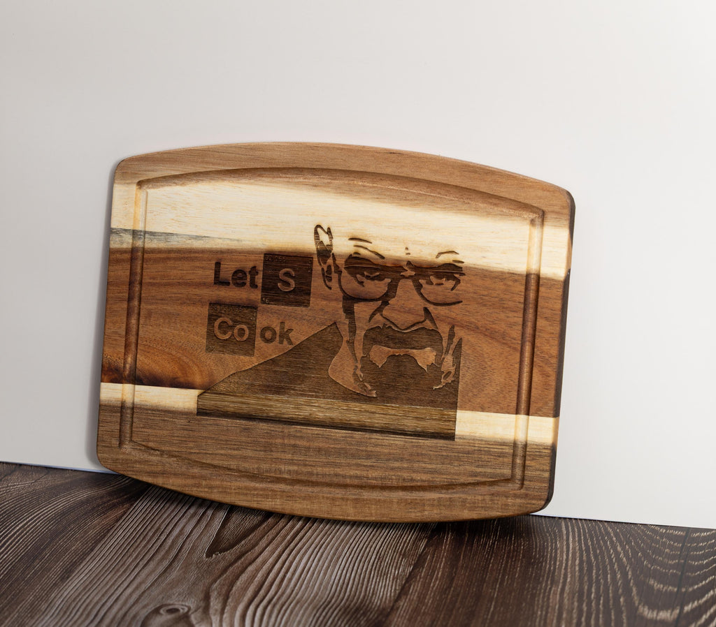 Breaking bad cutting board: acacia wood, laser engraved "let's cook"