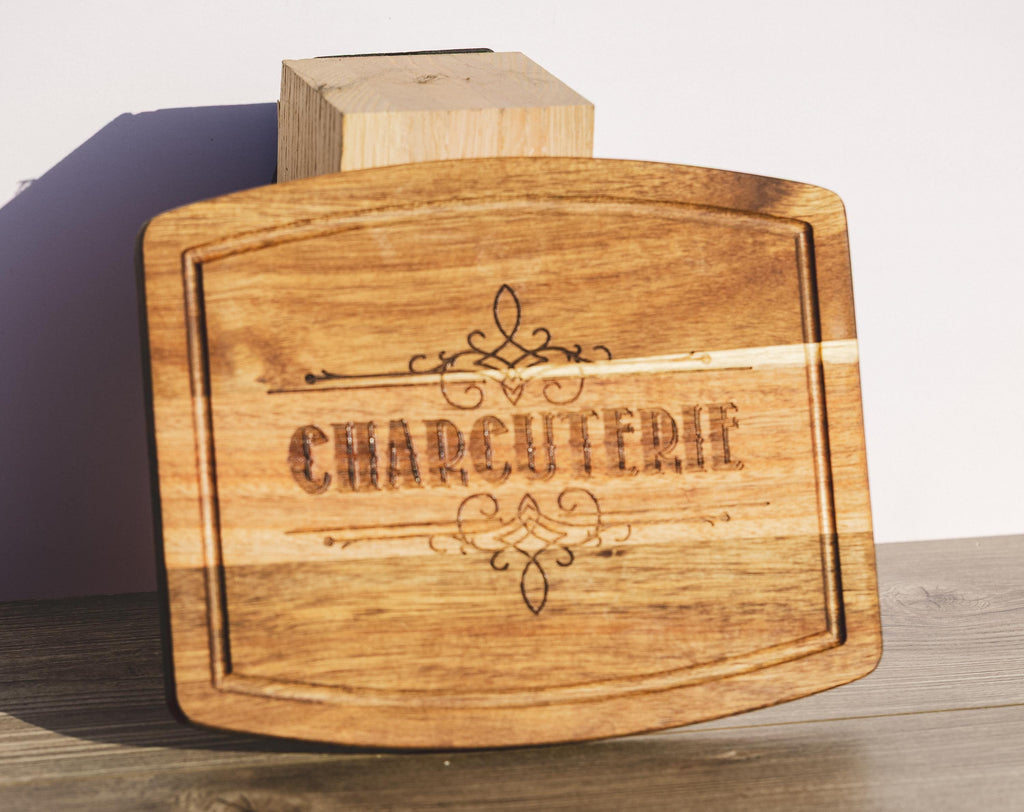 Acacia wood charcuterie board: rustic laser engraved serving tray (10x12)