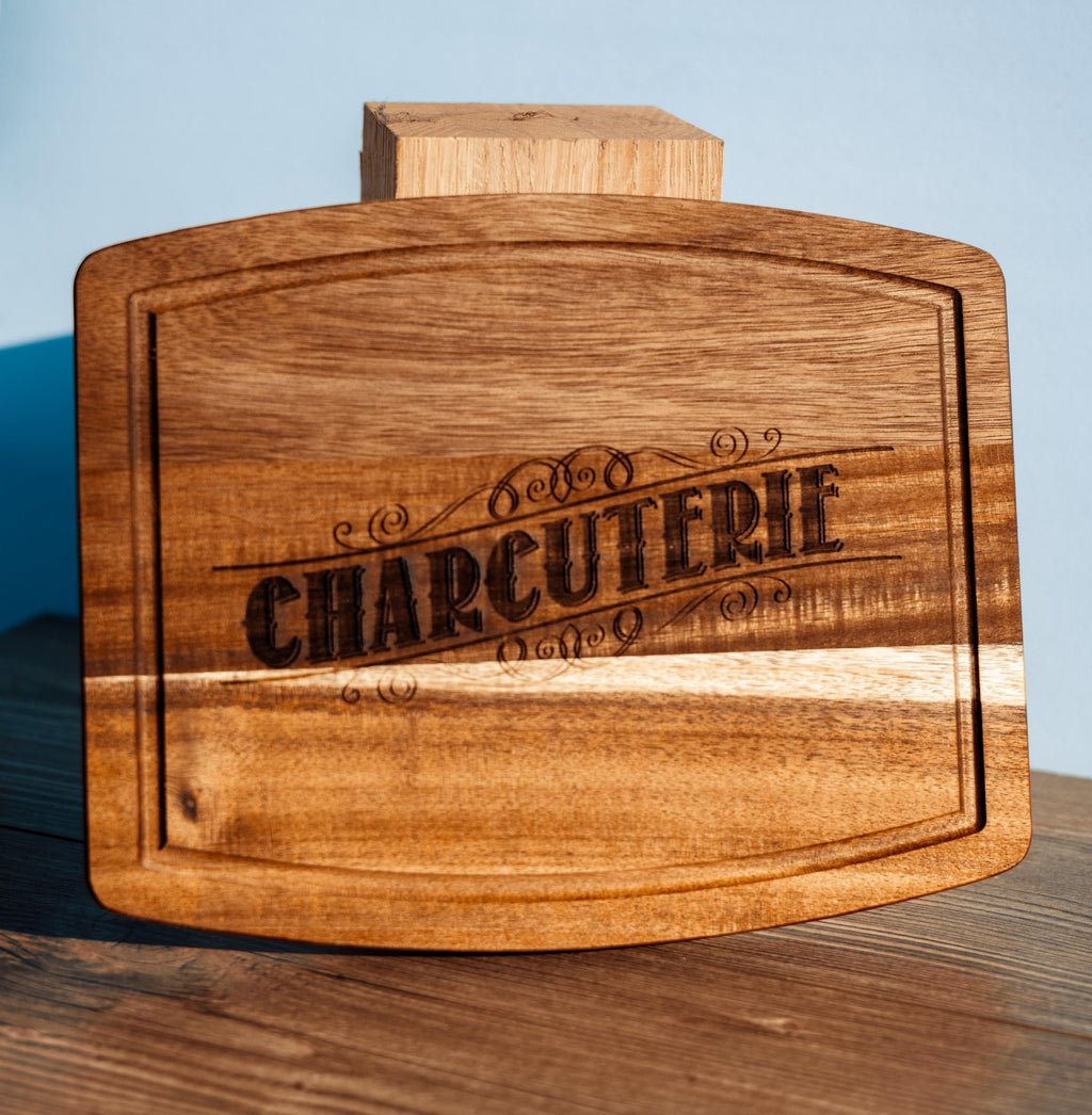 Laser engraved acacia wood charcuterie board - rustic serving tray (10x12)