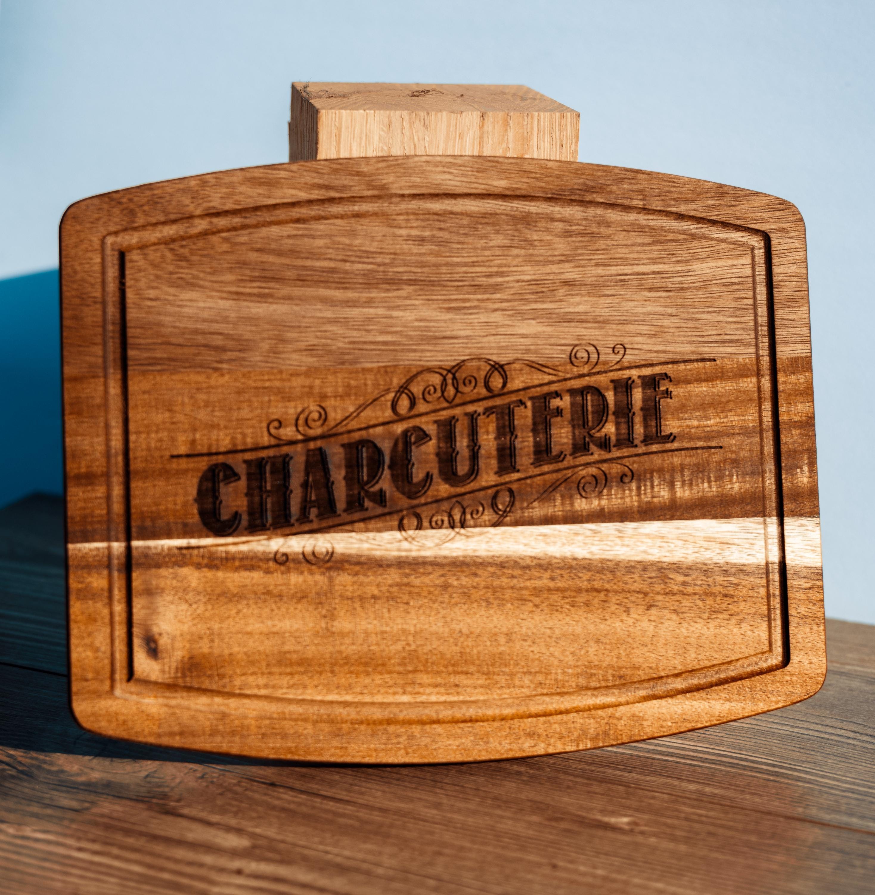 Laser engraved acacia wood charcuterie board - rustic serving tray (10x12)