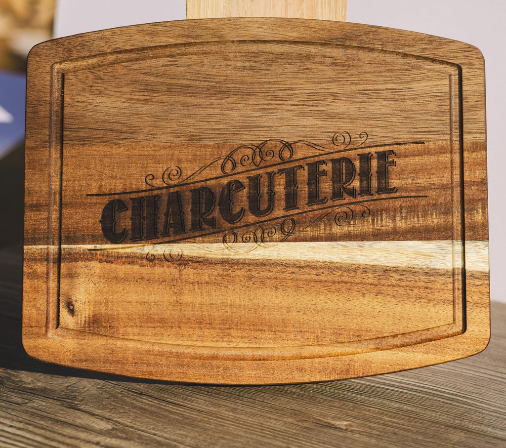Laser engraved acacia wood charcuterie board - rustic serving tray (10x12)