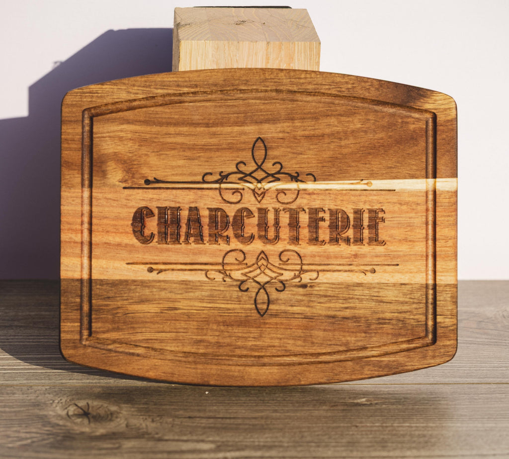 Acacia wood charcuterie board: rustic laser engraved serving tray (10x12)