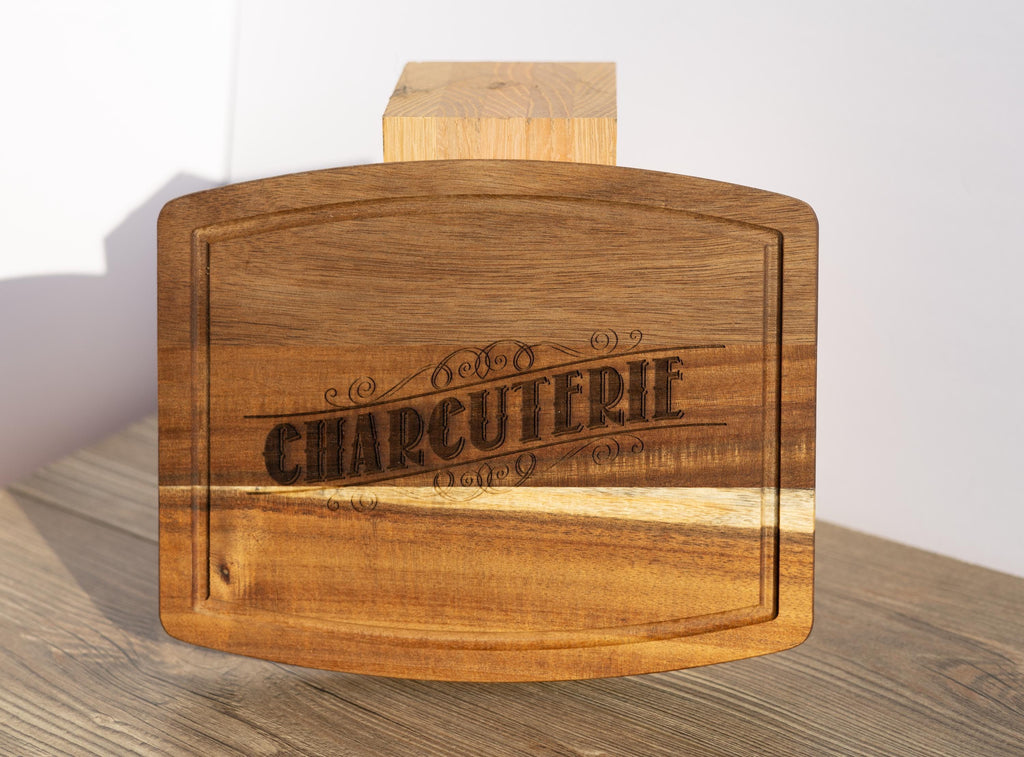 Laser engraved acacia wood charcuterie board - rustic serving tray (10x12)