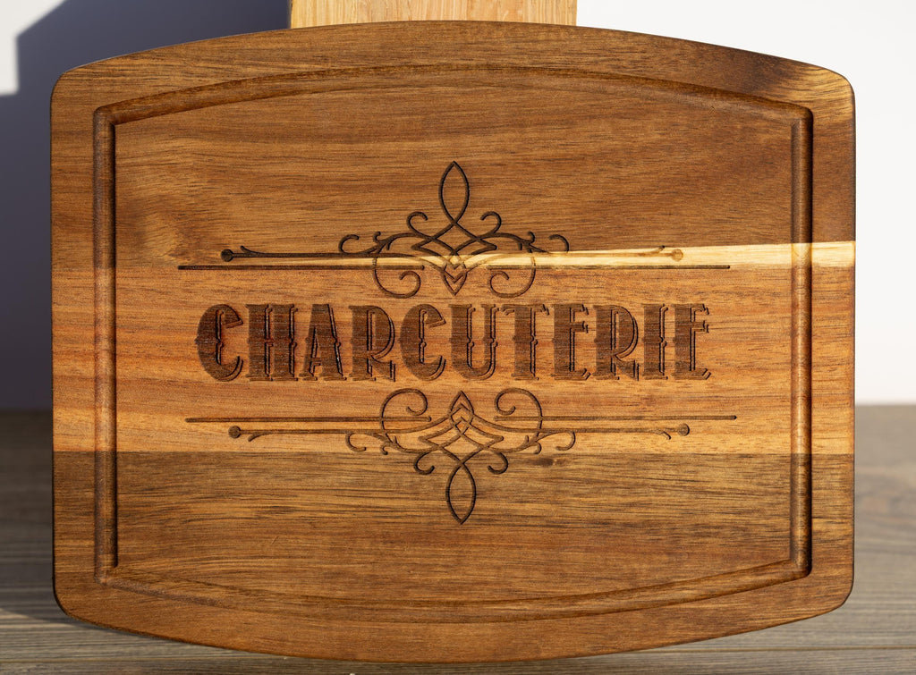 Acacia wood charcuterie board: rustic laser engraved serving tray (10x12)
