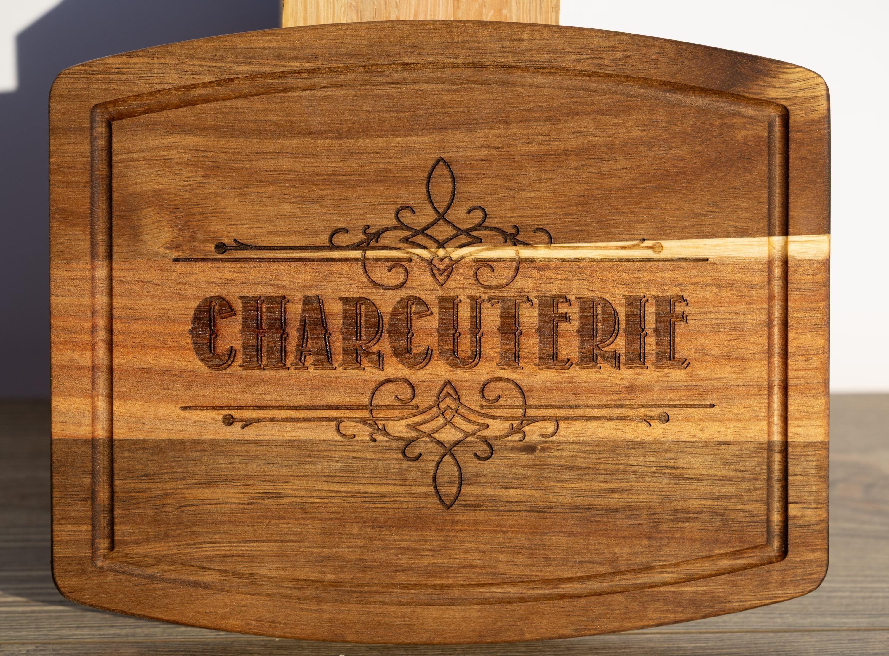 Acacia wood charcuterie board: rustic laser engraved serving tray (10x12)