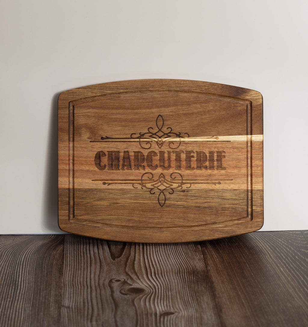 Acacia wood charcuterie board: rustic laser engraved serving tray (10x12)