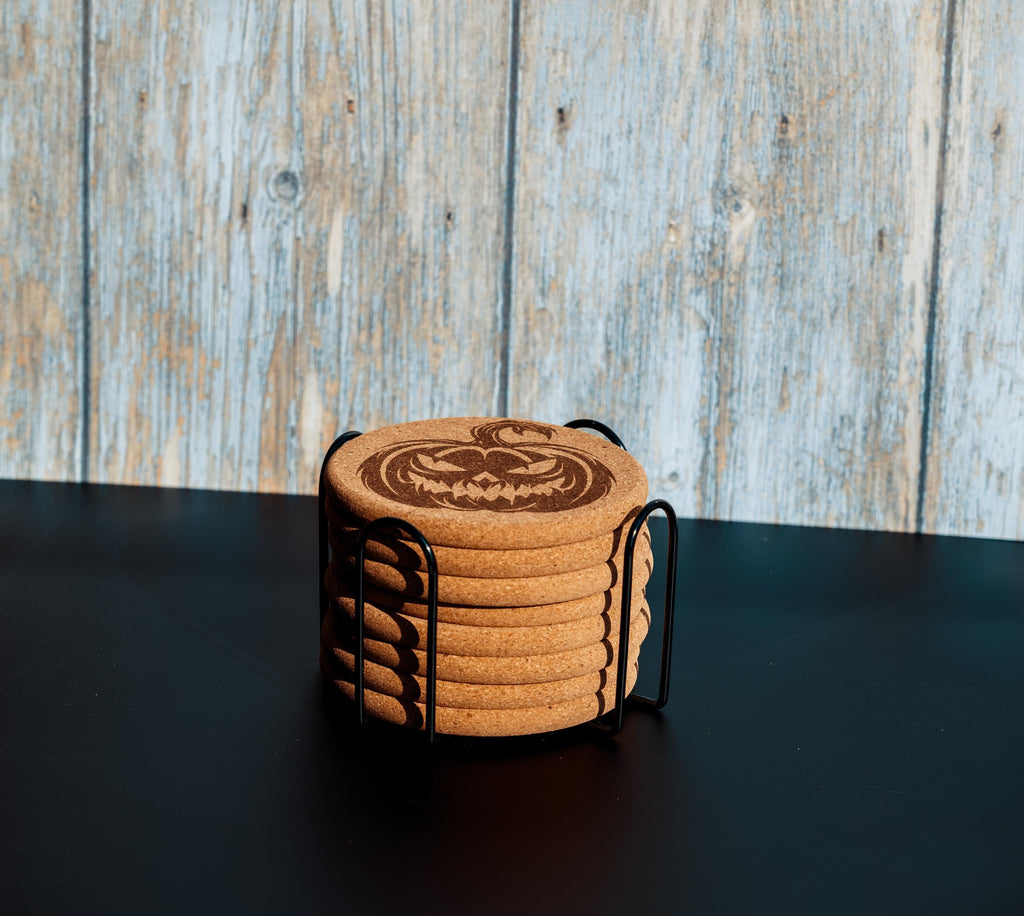 Halloween pumpkin cork coasters with holder: laser engraved fall decor
