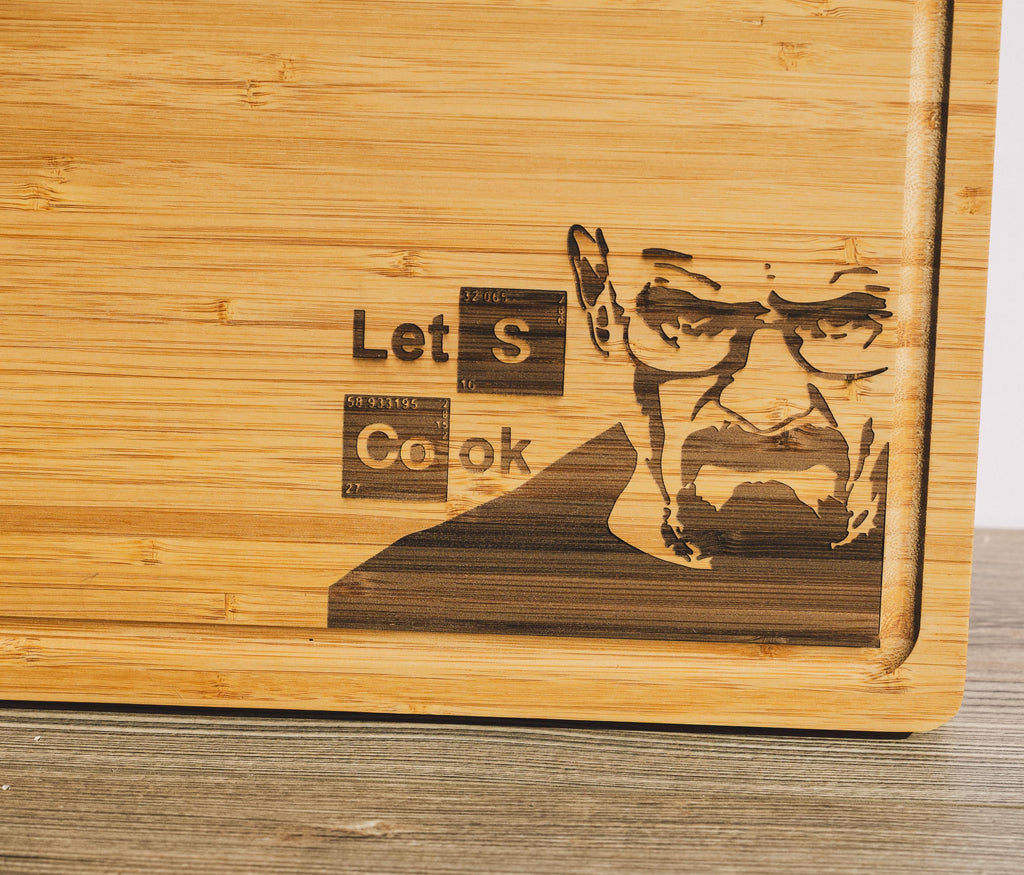 Breaking bad bamboo cutting board: "let's cook" laser engraved wood