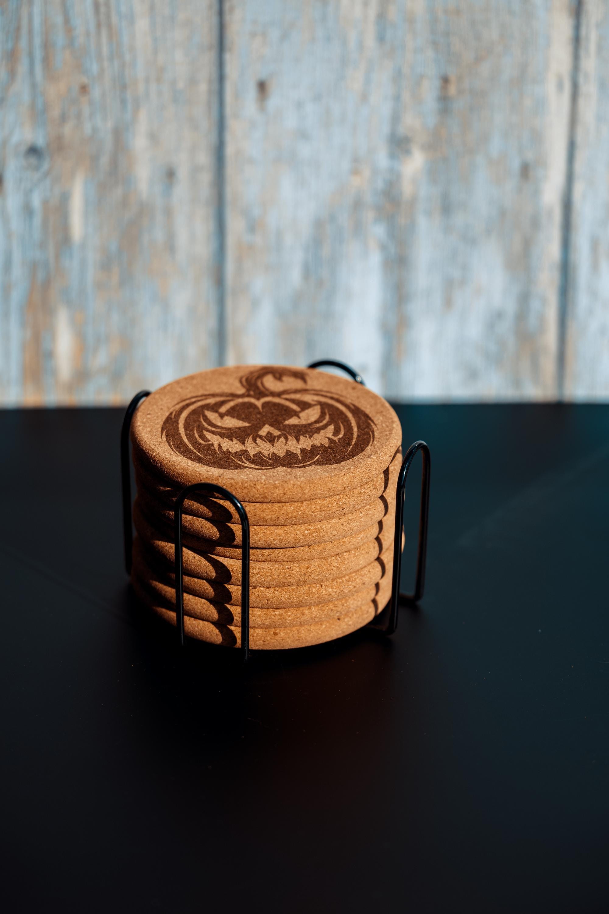 Halloween pumpkin cork coasters with holder: laser engraved fall decor