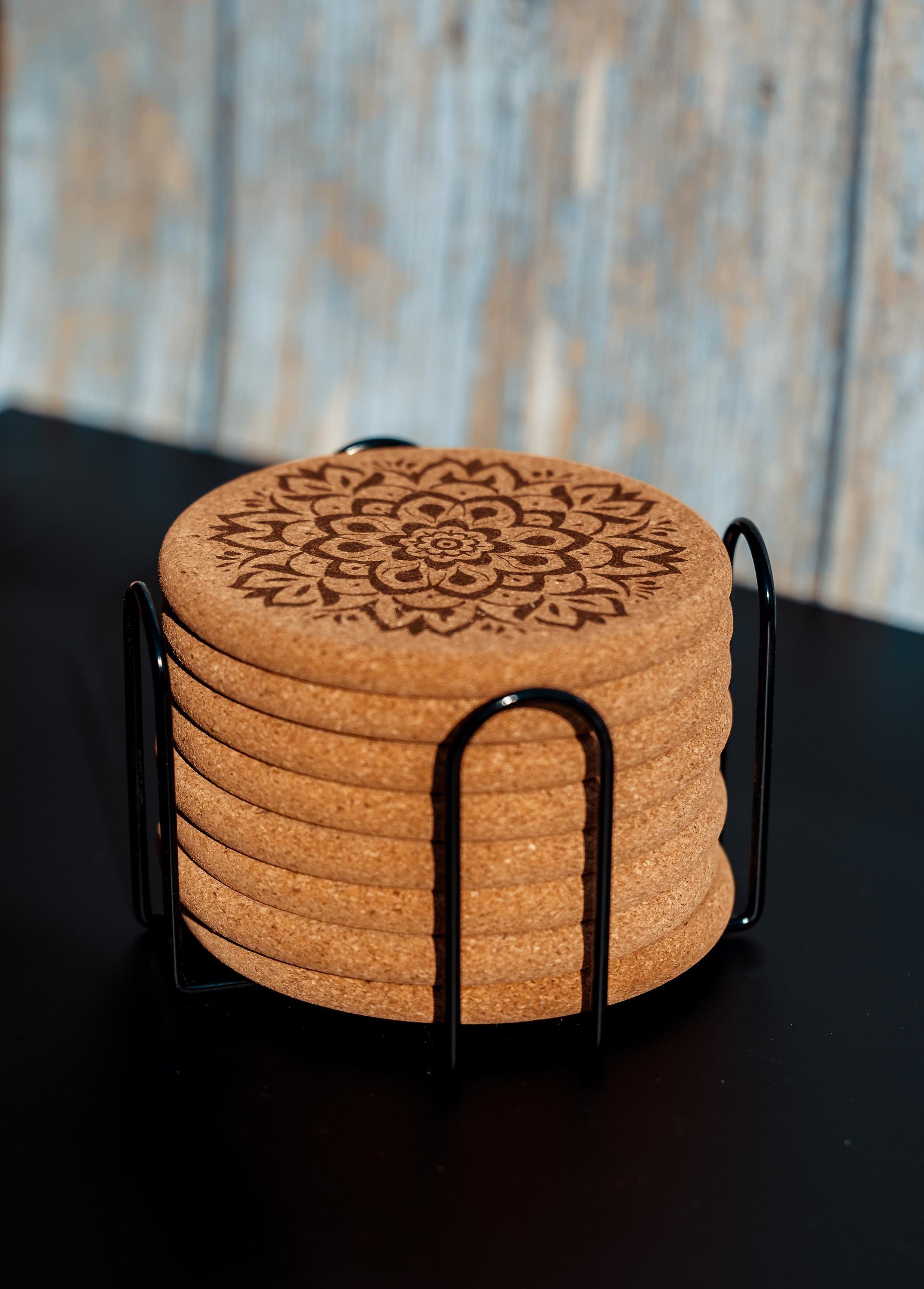 Mandala cork coaster set with holder: laser engraved boho decor