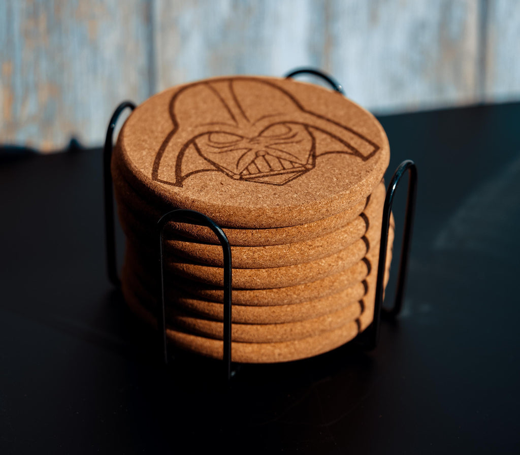 Darth vader cork coaster set with holder - star wars engraved geek decor