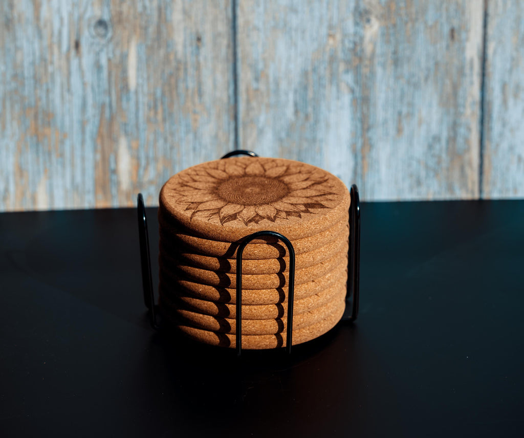 Sunflower cork coaster set with holder - laser engraved boho decor