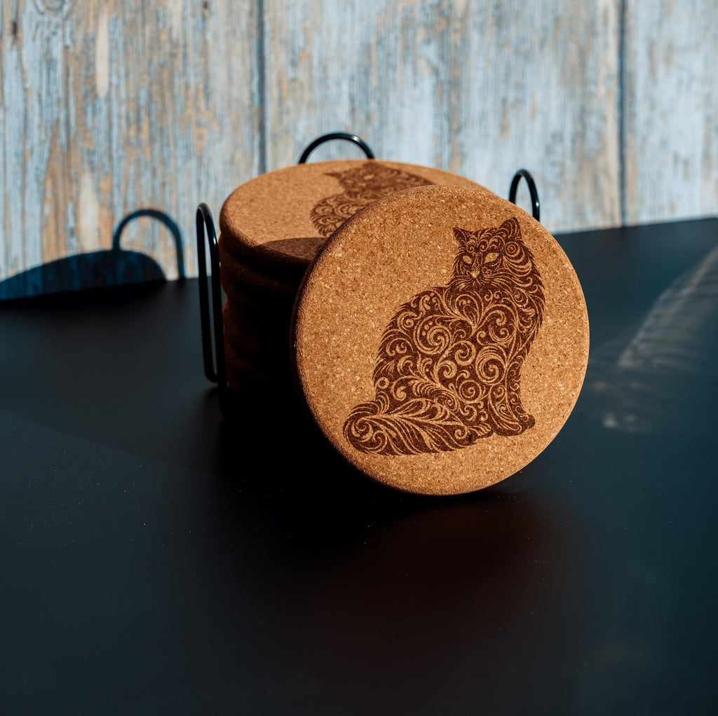 Laser engraved cat cork coaster set with holder - absorbent drink coasters