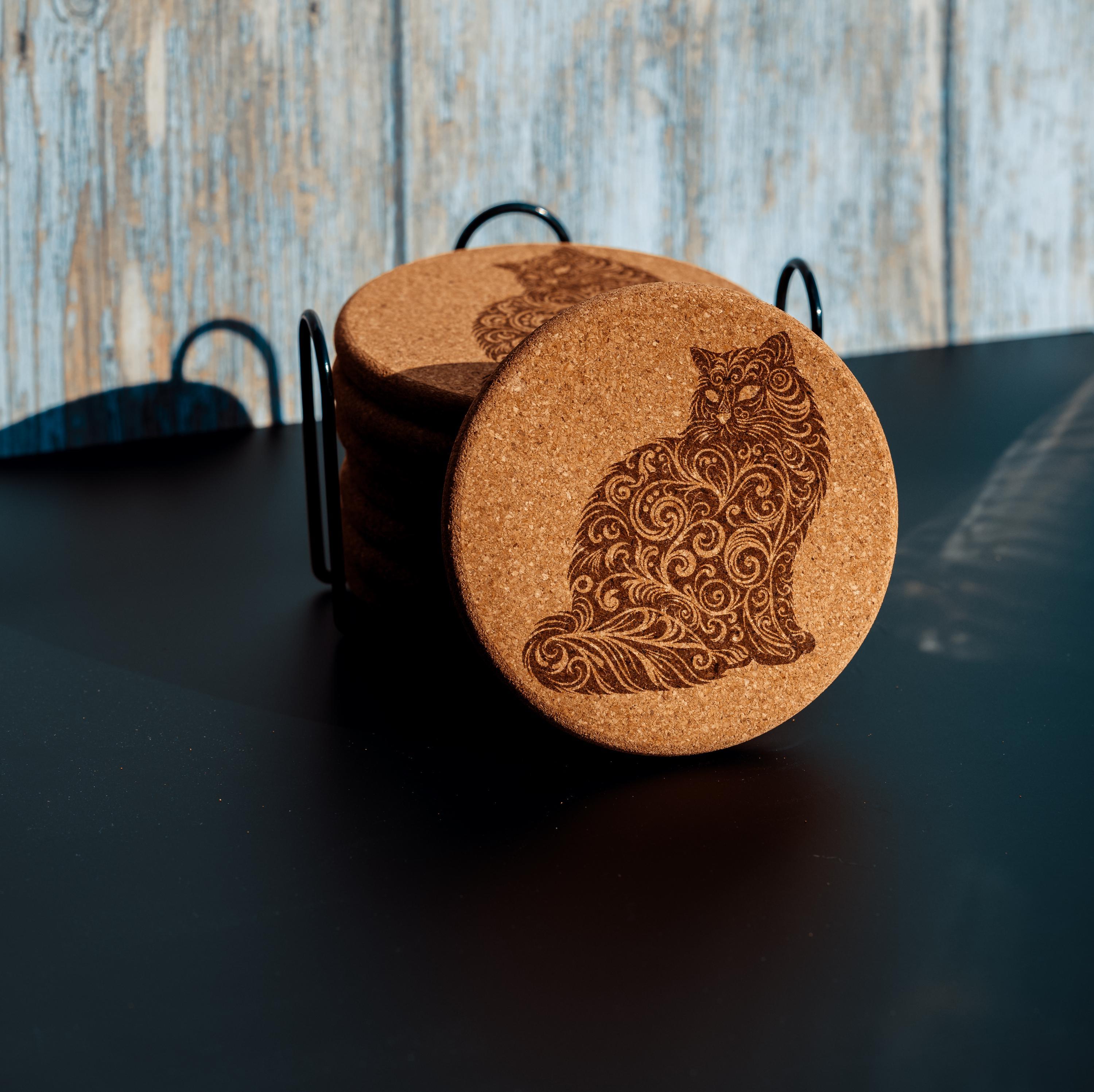 Laser engraved cat cork coaster set with holder - absorbent drink coasters