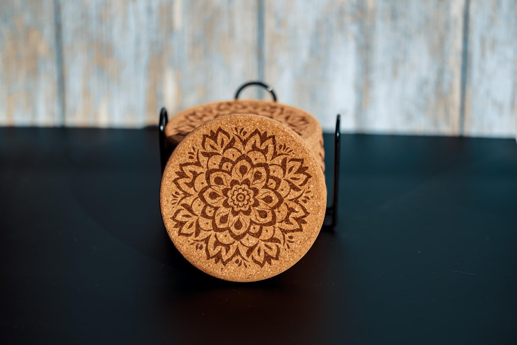 Mandala cork coaster set with holder: laser engraved boho decor
