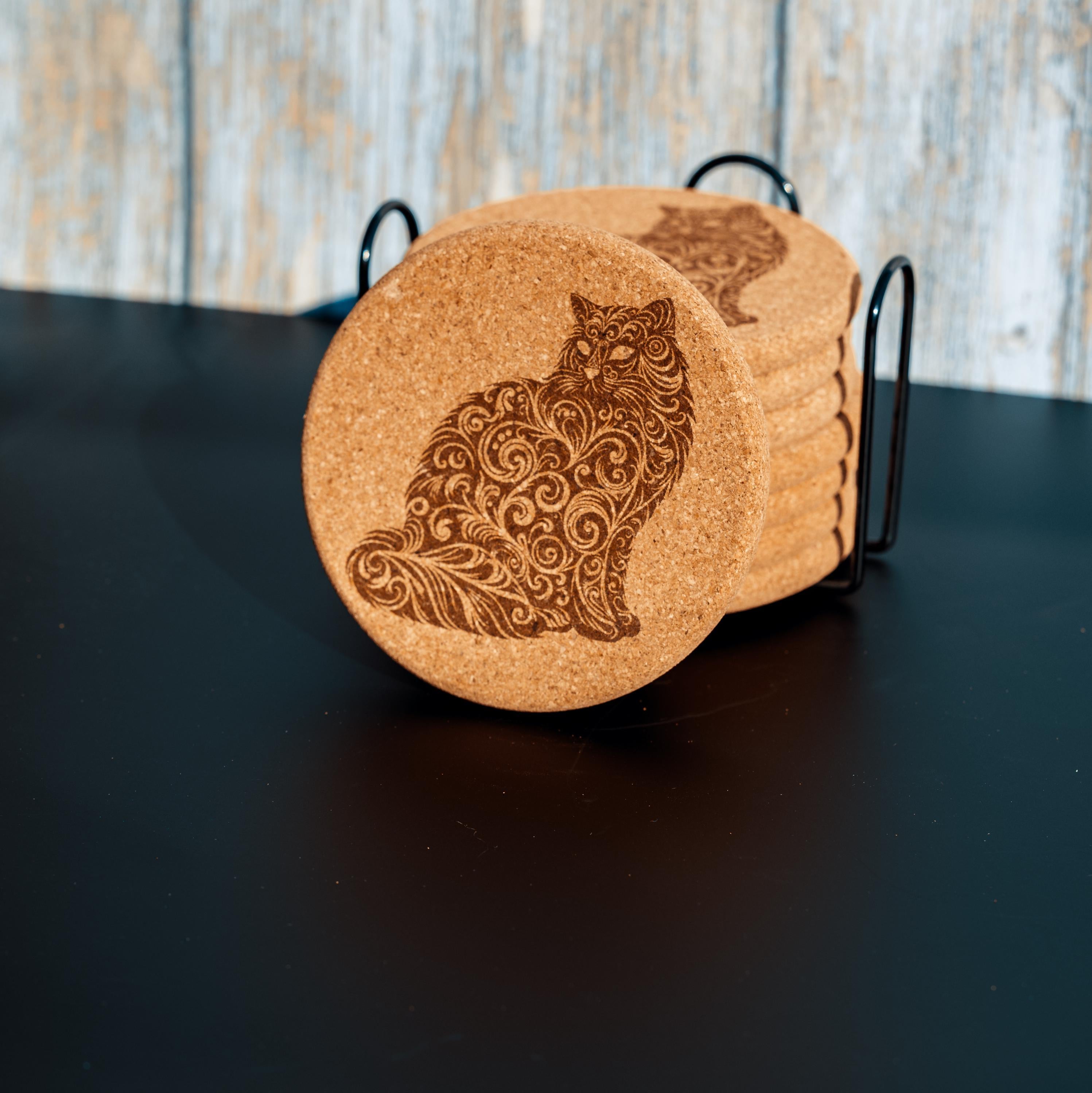 Laser engraved cat cork coaster set with holder - absorbent drink coasters