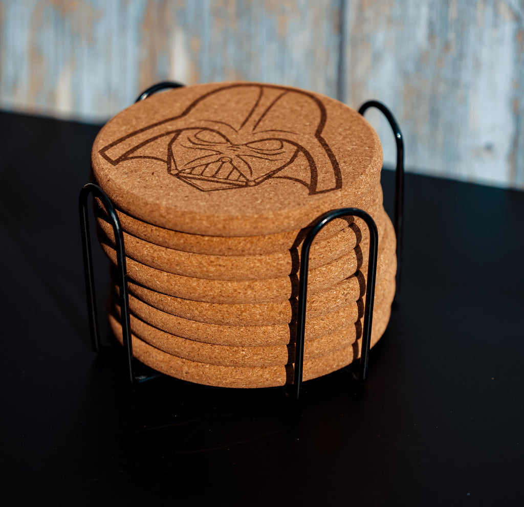 Darth vader cork coaster set with holder - star wars engraved geek decor