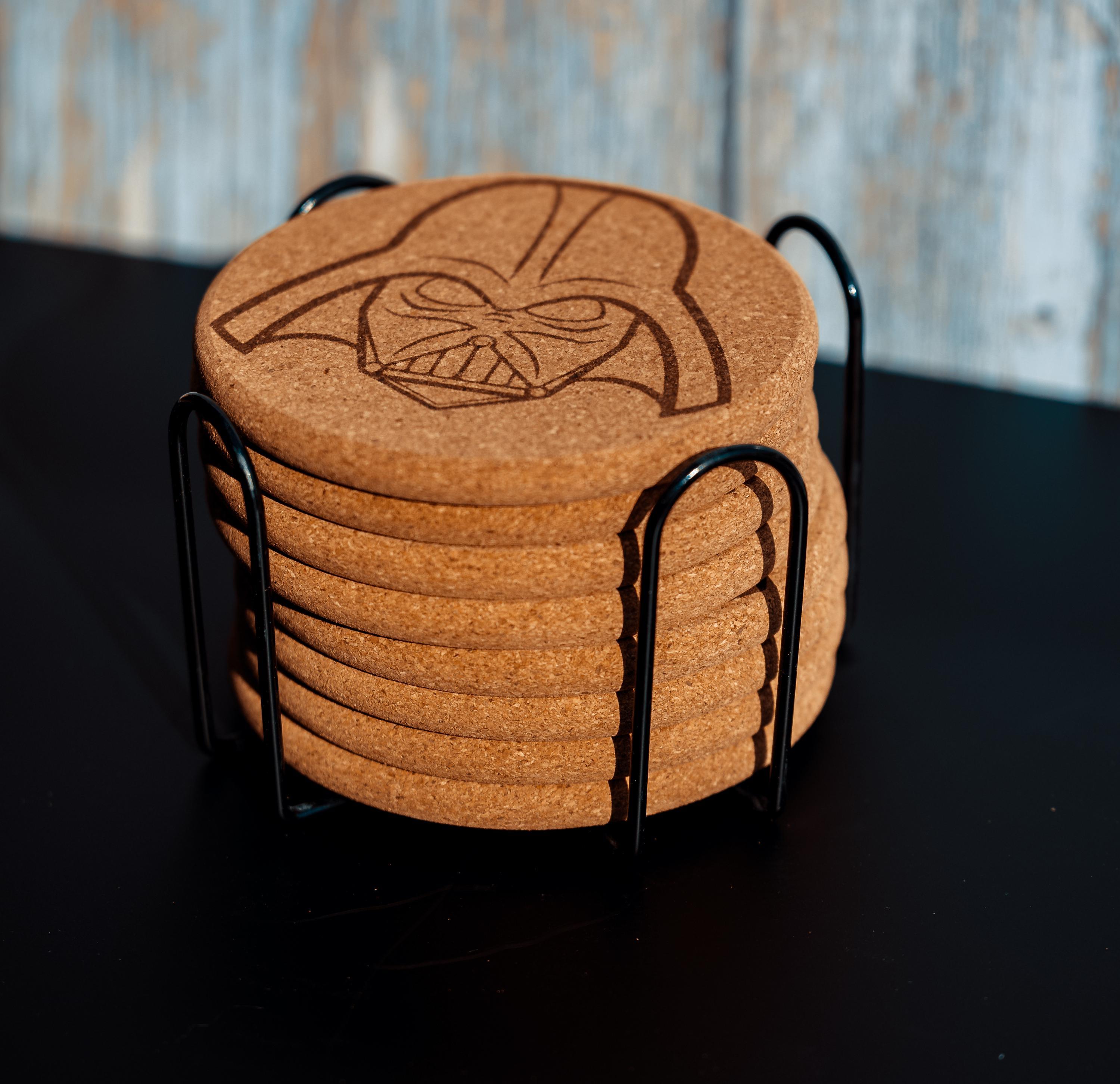 Darth vader cork coaster set with holder - star wars engraved geek decor