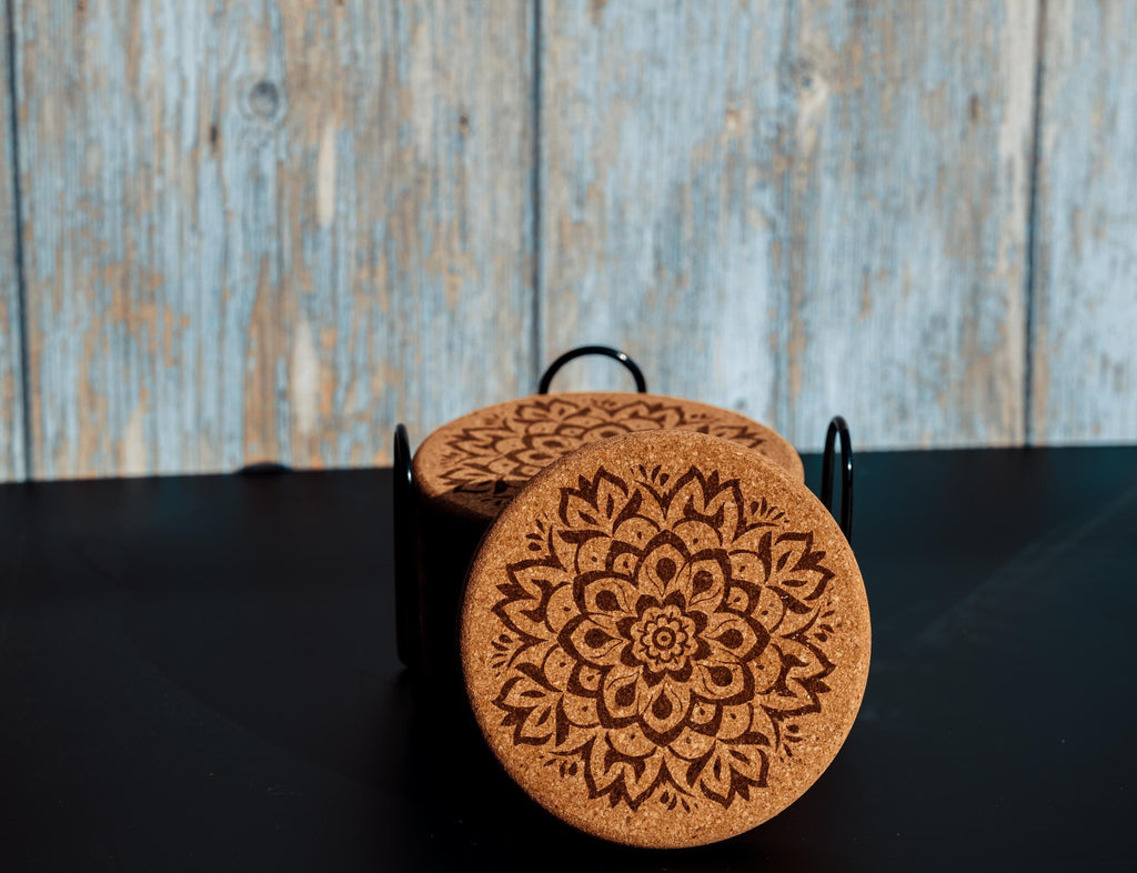 Mandala cork coaster set with holder: laser engraved boho decor