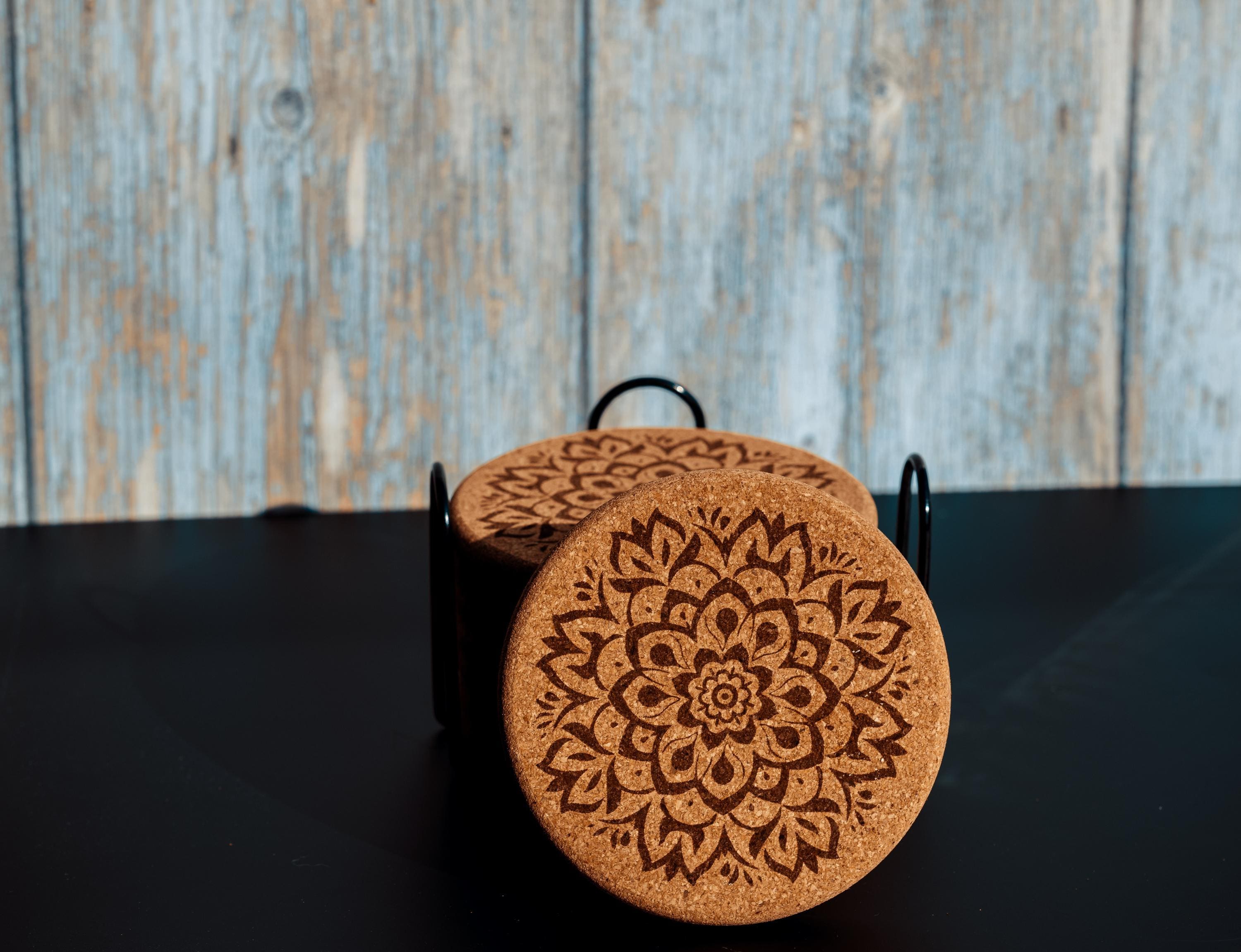 Mandala cork coaster set with holder: laser engraved boho decor
