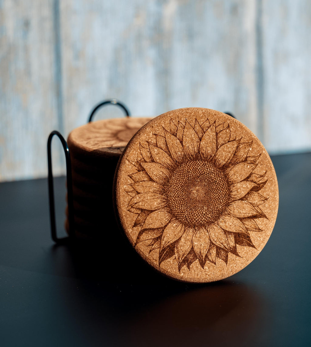 Sunflower cork coaster set with holder - laser engraved boho decor