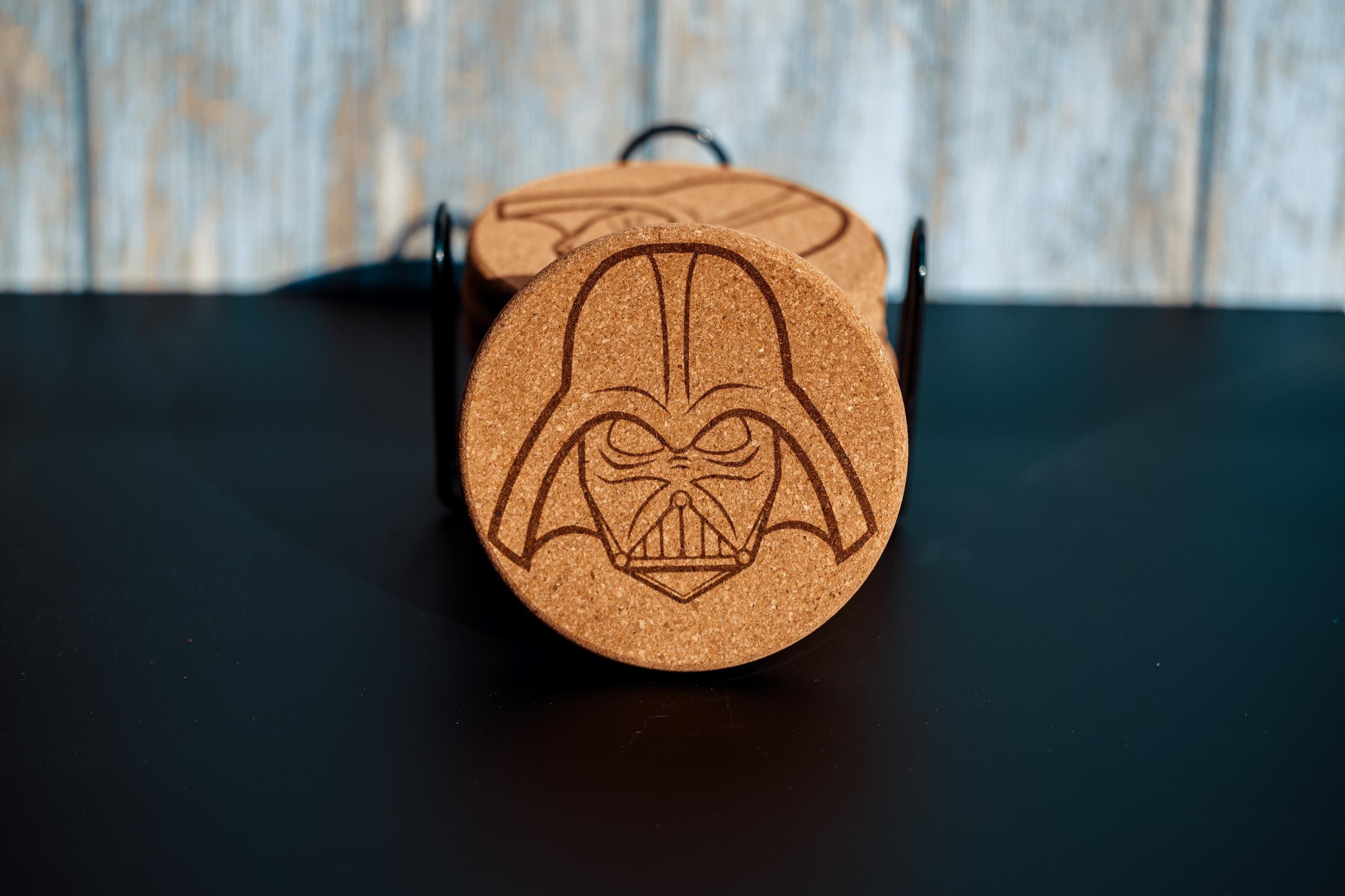 Darth vader cork coaster set with holder - star wars engraved geek decor