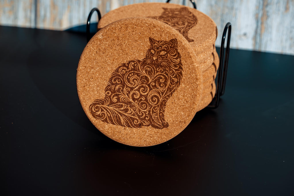 Laser engraved cat cork coaster set with holder - absorbent drink coasters