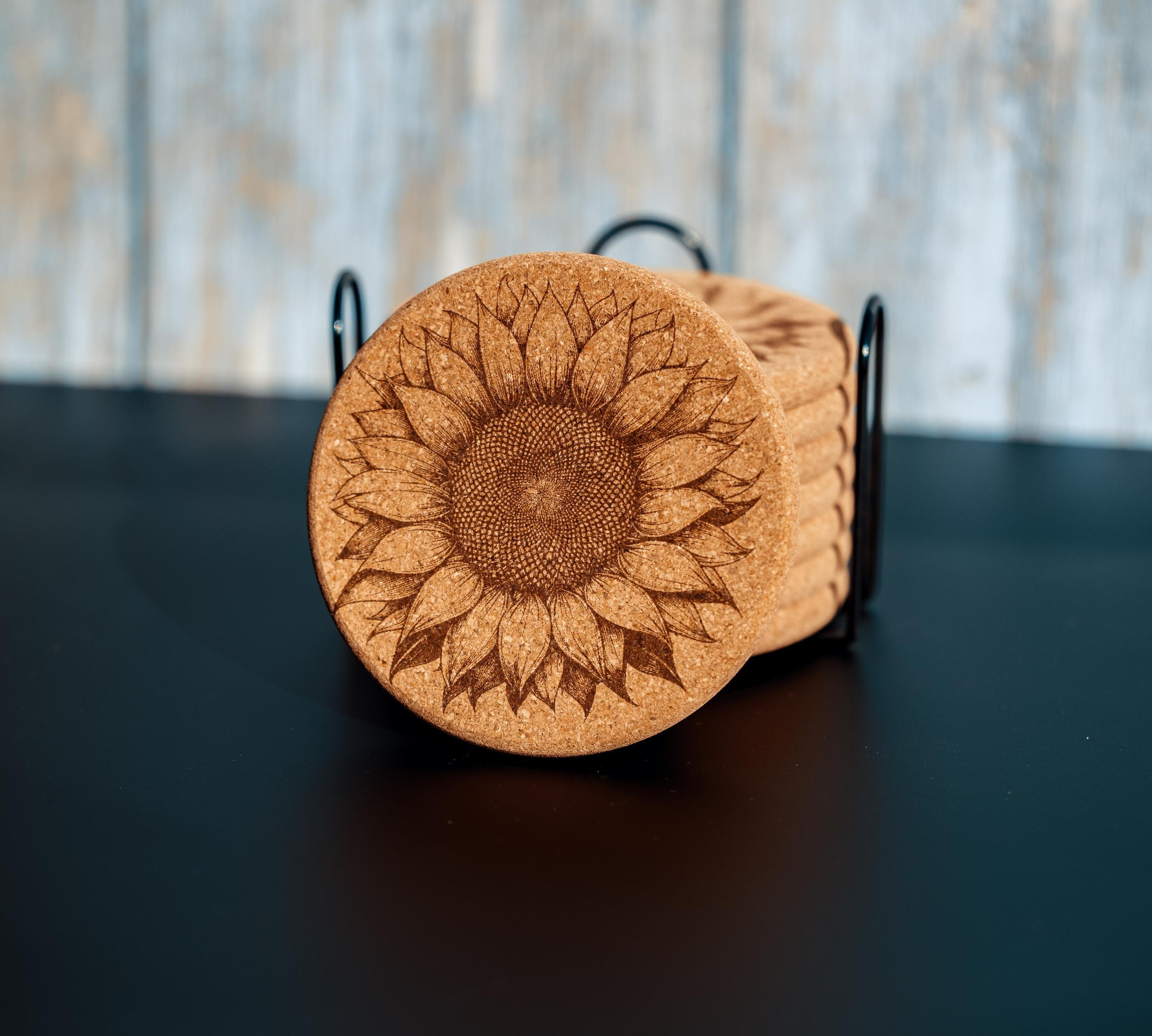 Sunflower cork coaster set with holder - laser engraved boho decor