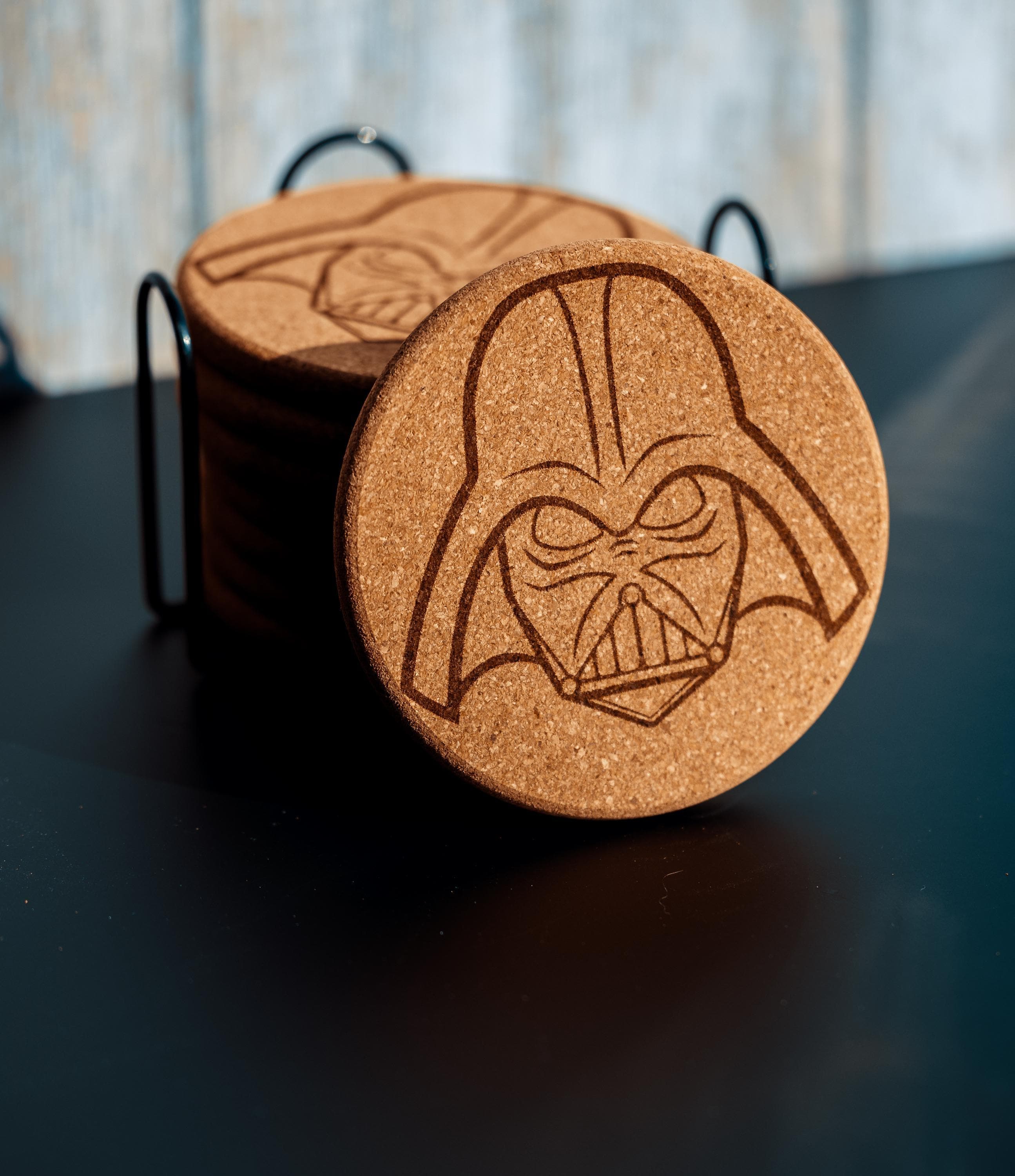 Darth vader cork coaster set with holder - star wars engraved geek decor