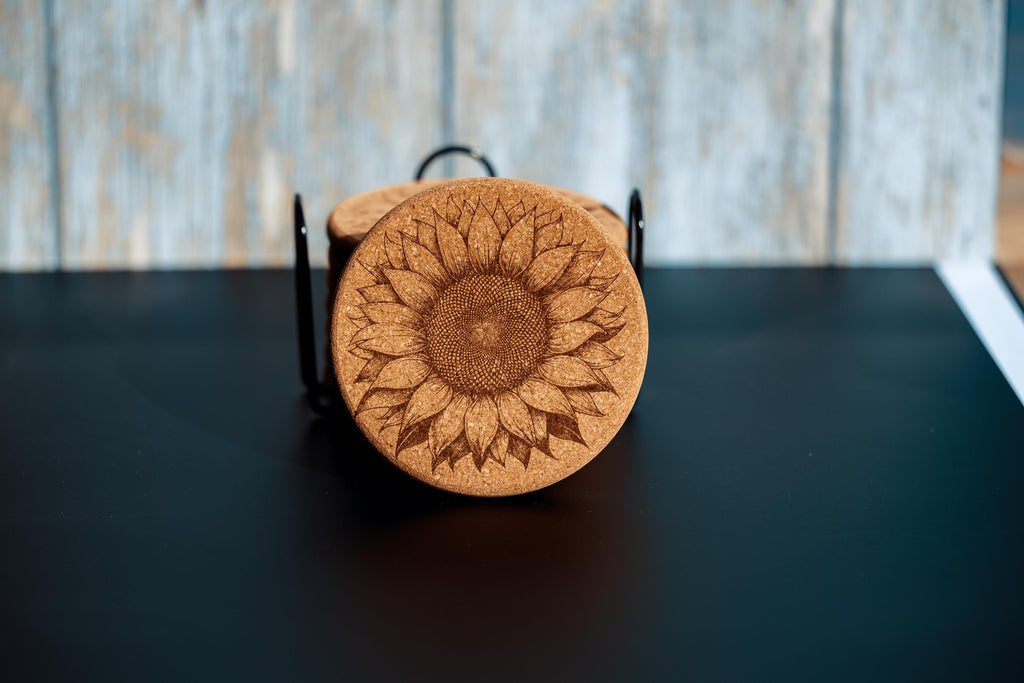 Sunflower cork coaster set with holder - laser engraved boho decor
