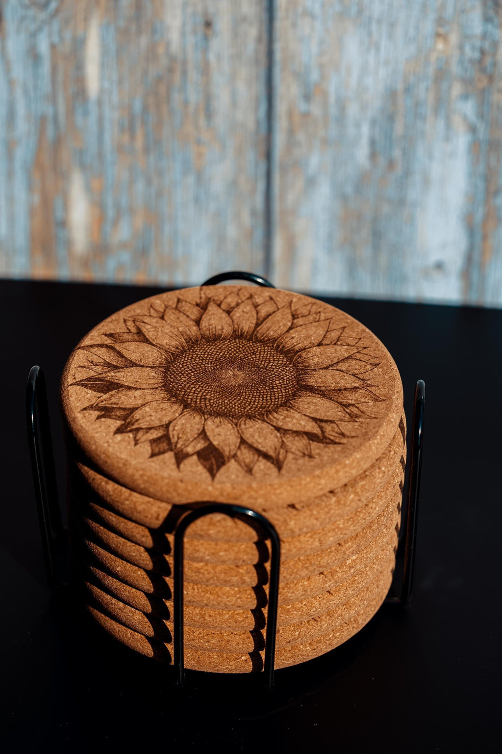Sunflower cork coaster set with holder - laser engraved boho decor