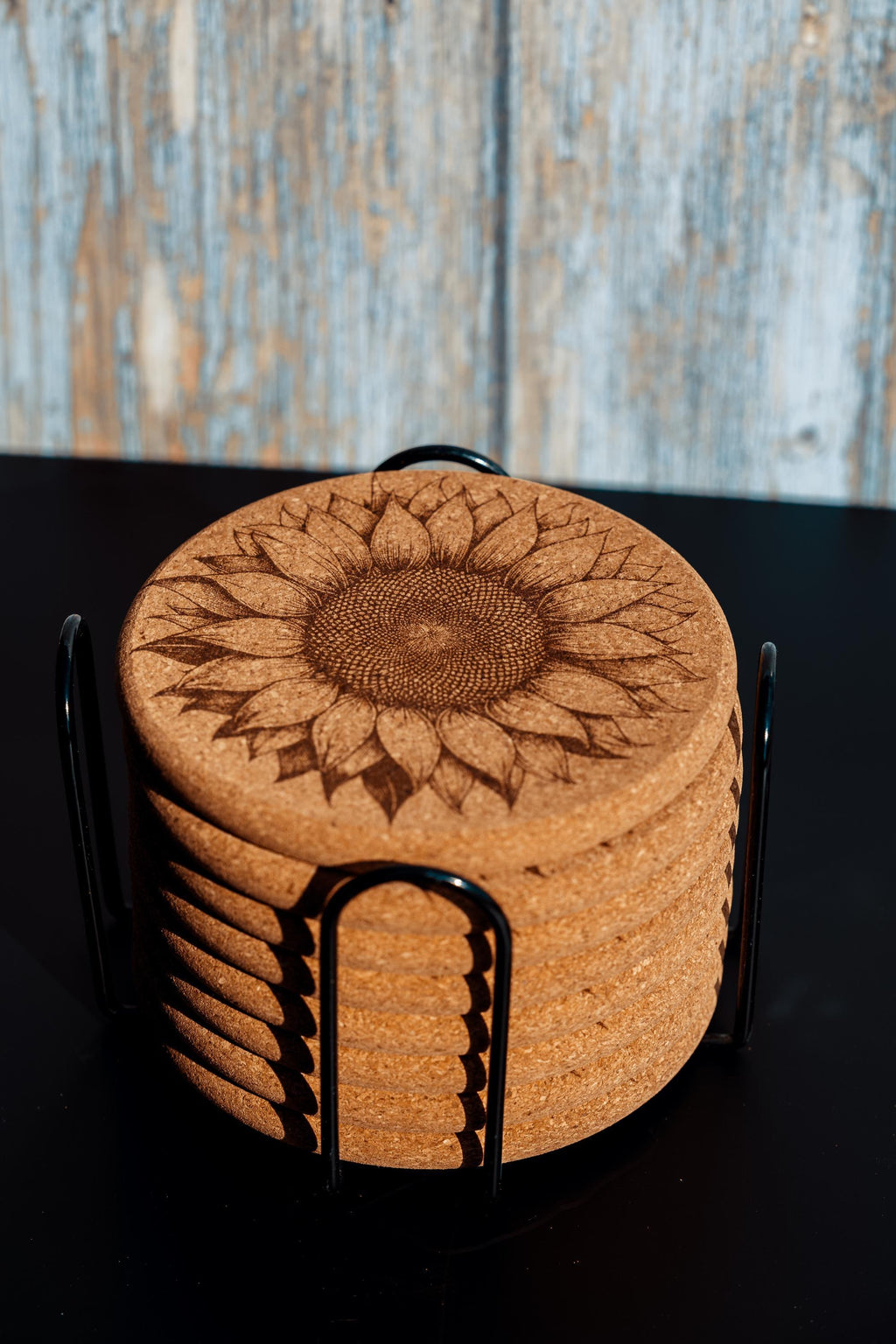 Sunflower cork coaster set with holder - laser engraved boho decor