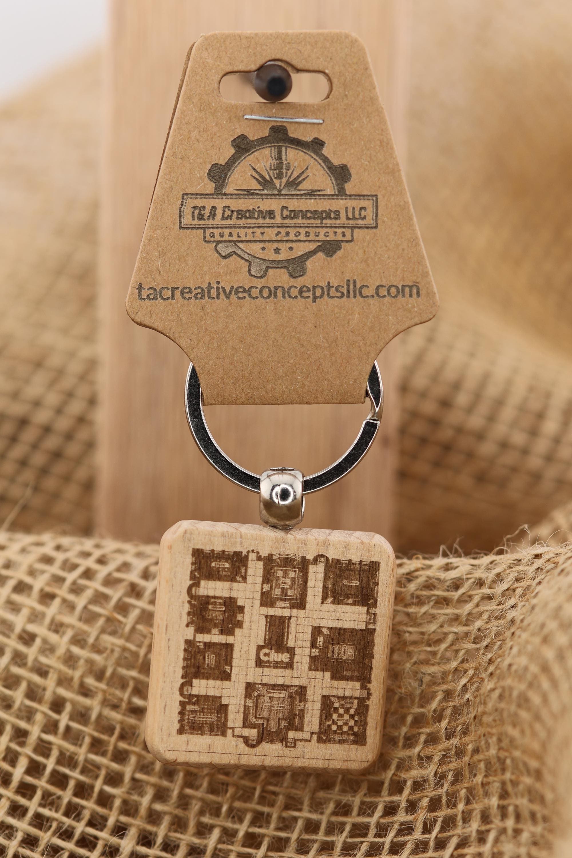 Laser engraved Clue gameboard keychain / bag charm: hardwood & stainless steel