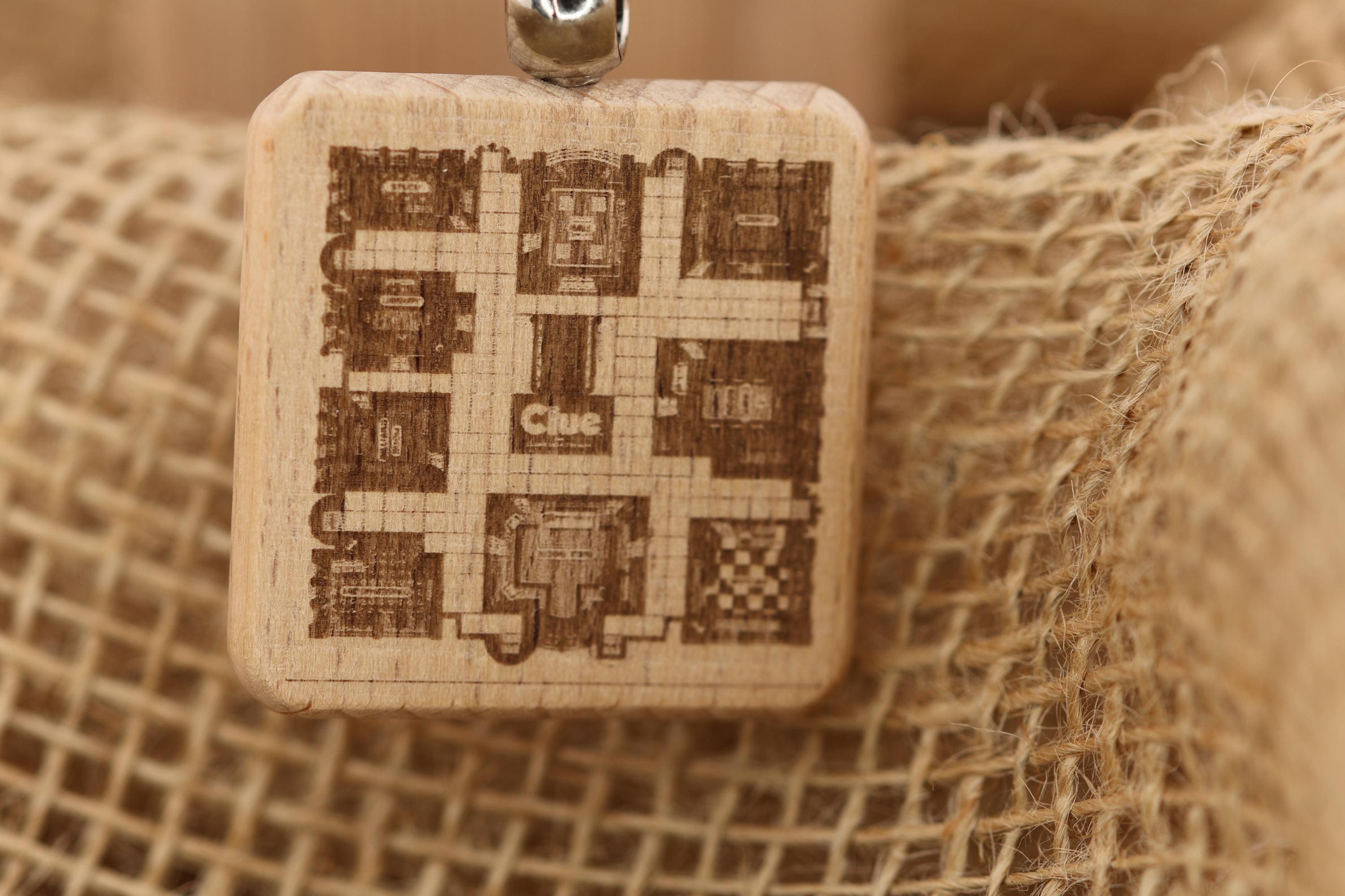 Laser engraved Clue gameboard keychain / bag charm: hardwood & stainless steel