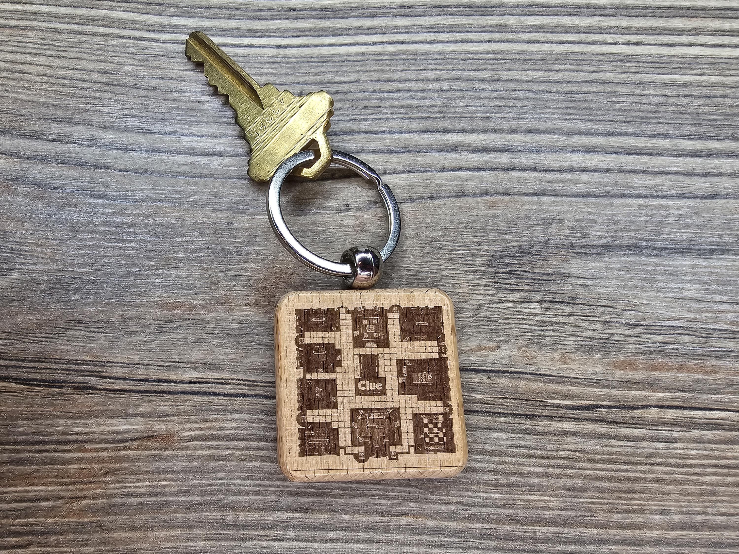 Laser engraved Clue gameboard keychain / bag charm: hardwood & stainless steel