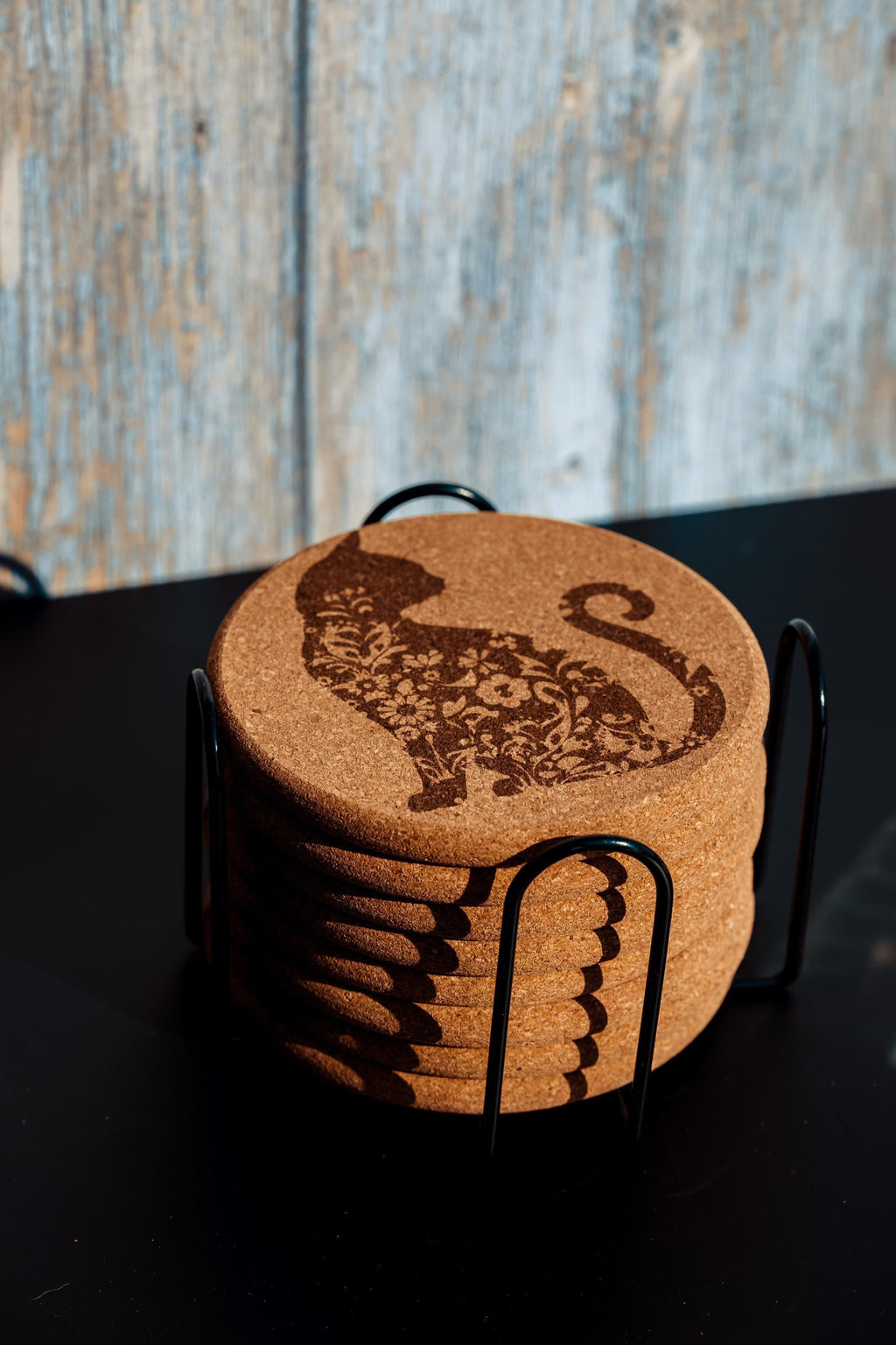 Laser engraved cat cork coaster set with holder (set of 8)
