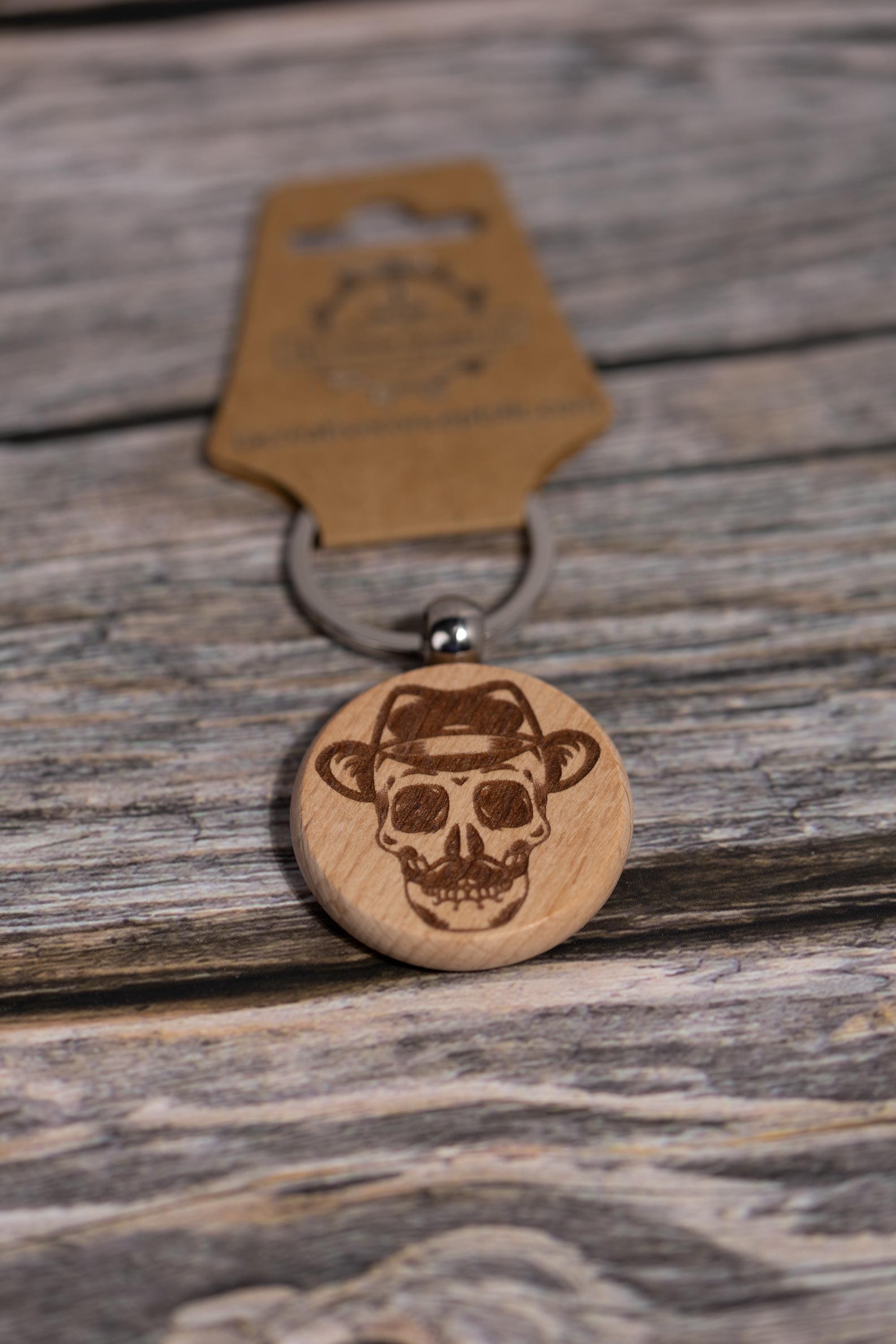 Laser engraved hardwood skull keychain / bag charm: fedora & mustache