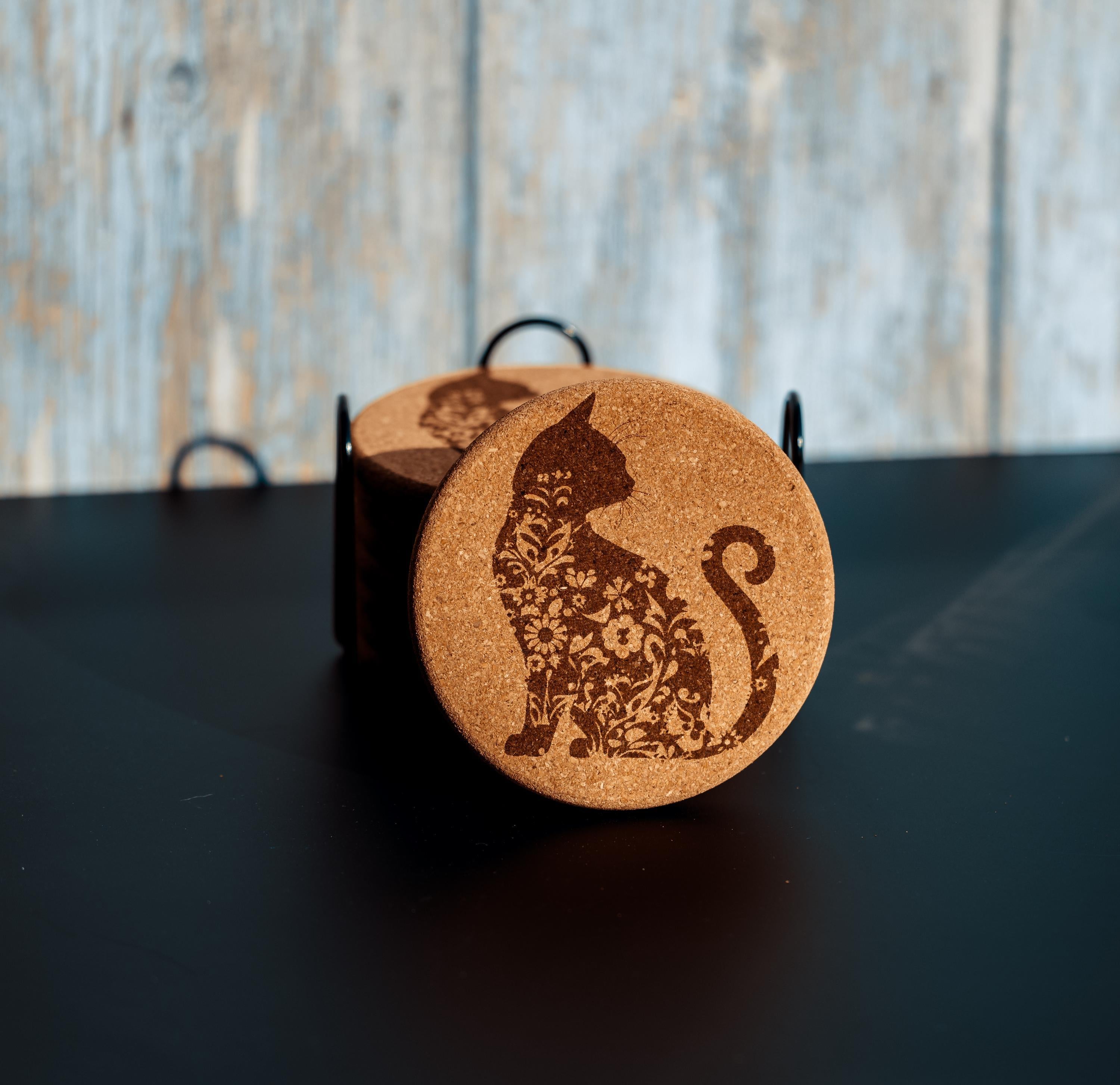 Laser engraved cat cork coaster set with holder (set of 8)