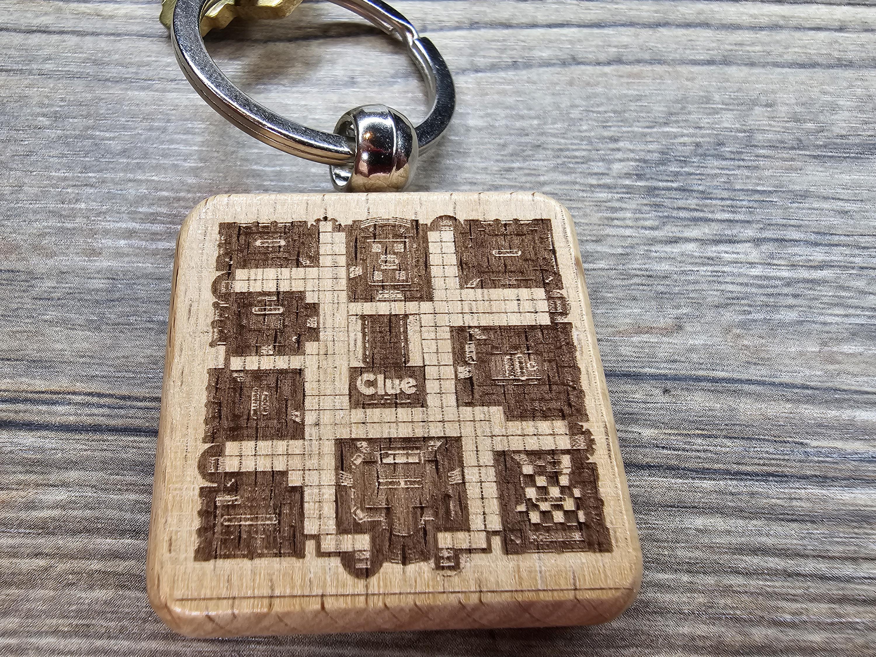 Laser engraved Clue gameboard keychain / bag charm: hardwood & stainless steel