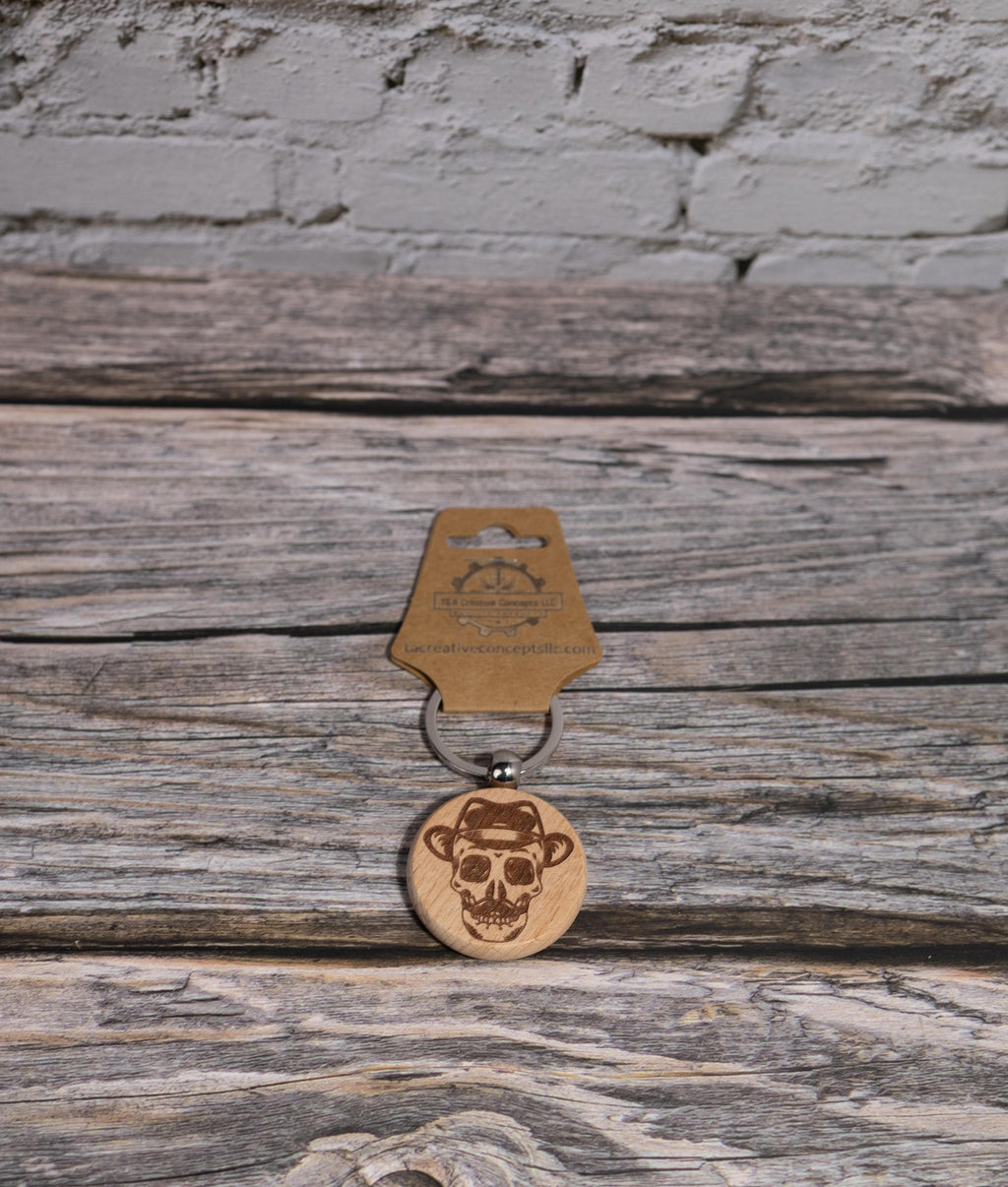 Laser engraved hardwood skull keychain / bag charm: fedora & mustache