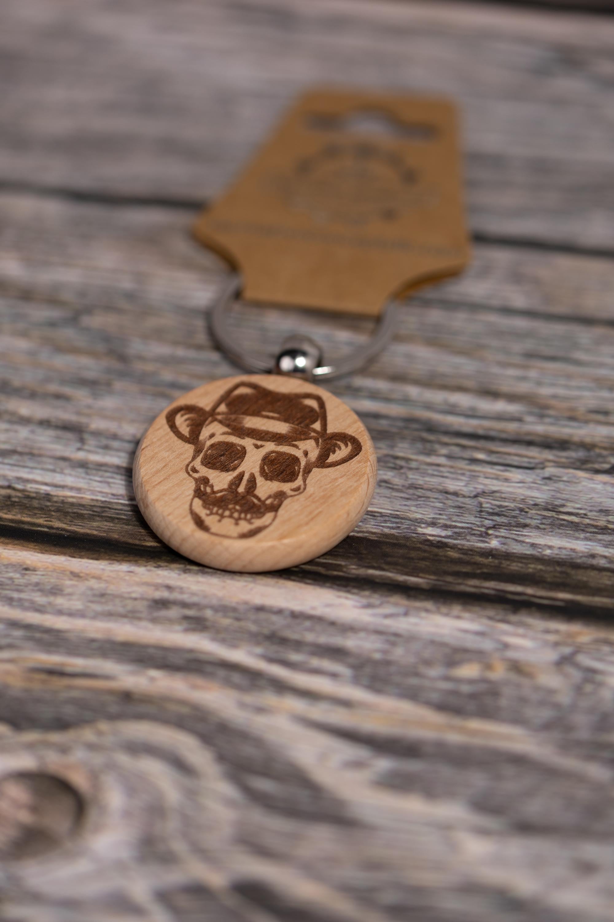 Laser engraved hardwood skull keychain / bag charm: fedora & mustache