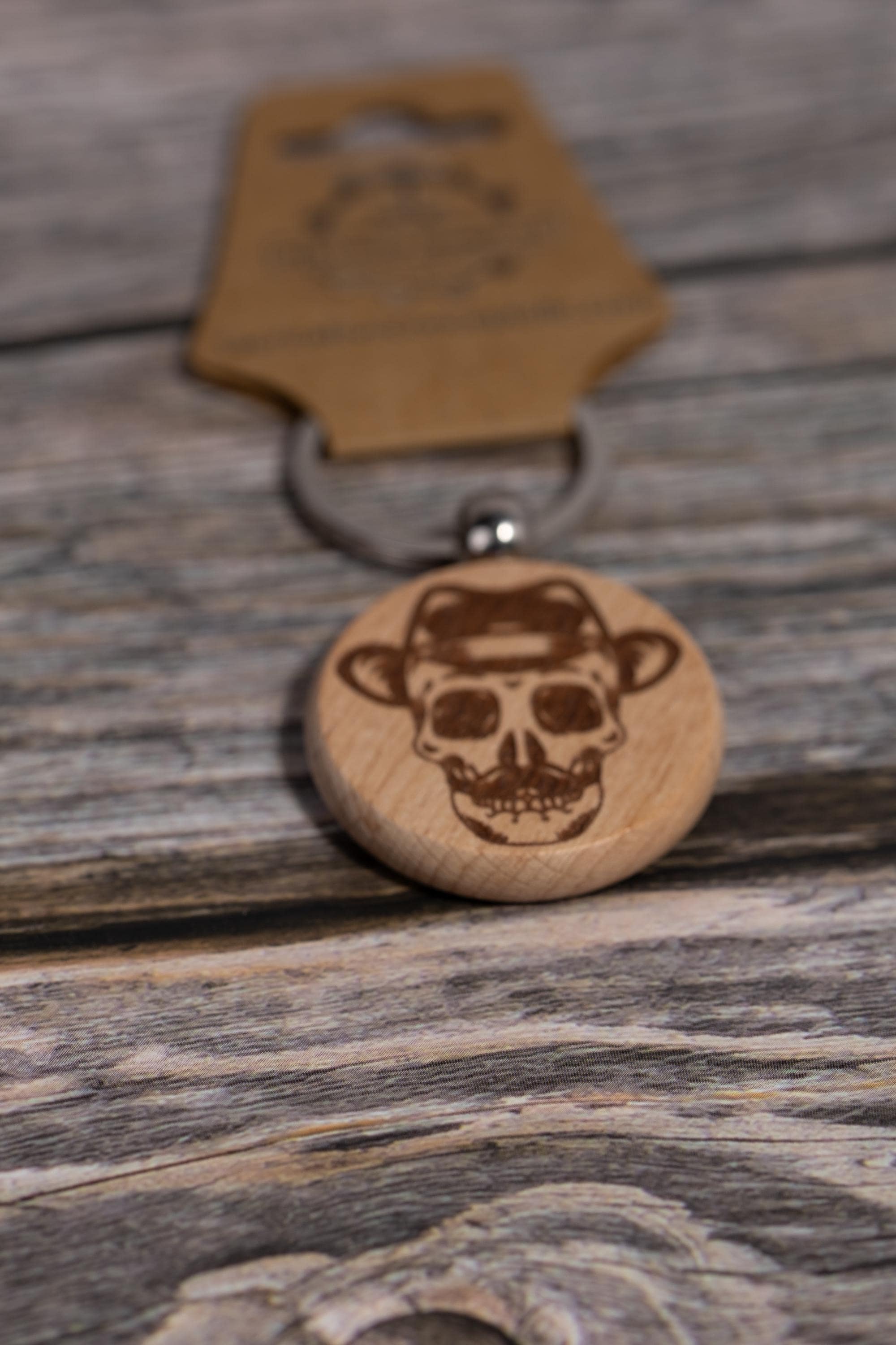 Laser engraved hardwood skull keychain / bag charm: fedora & mustache