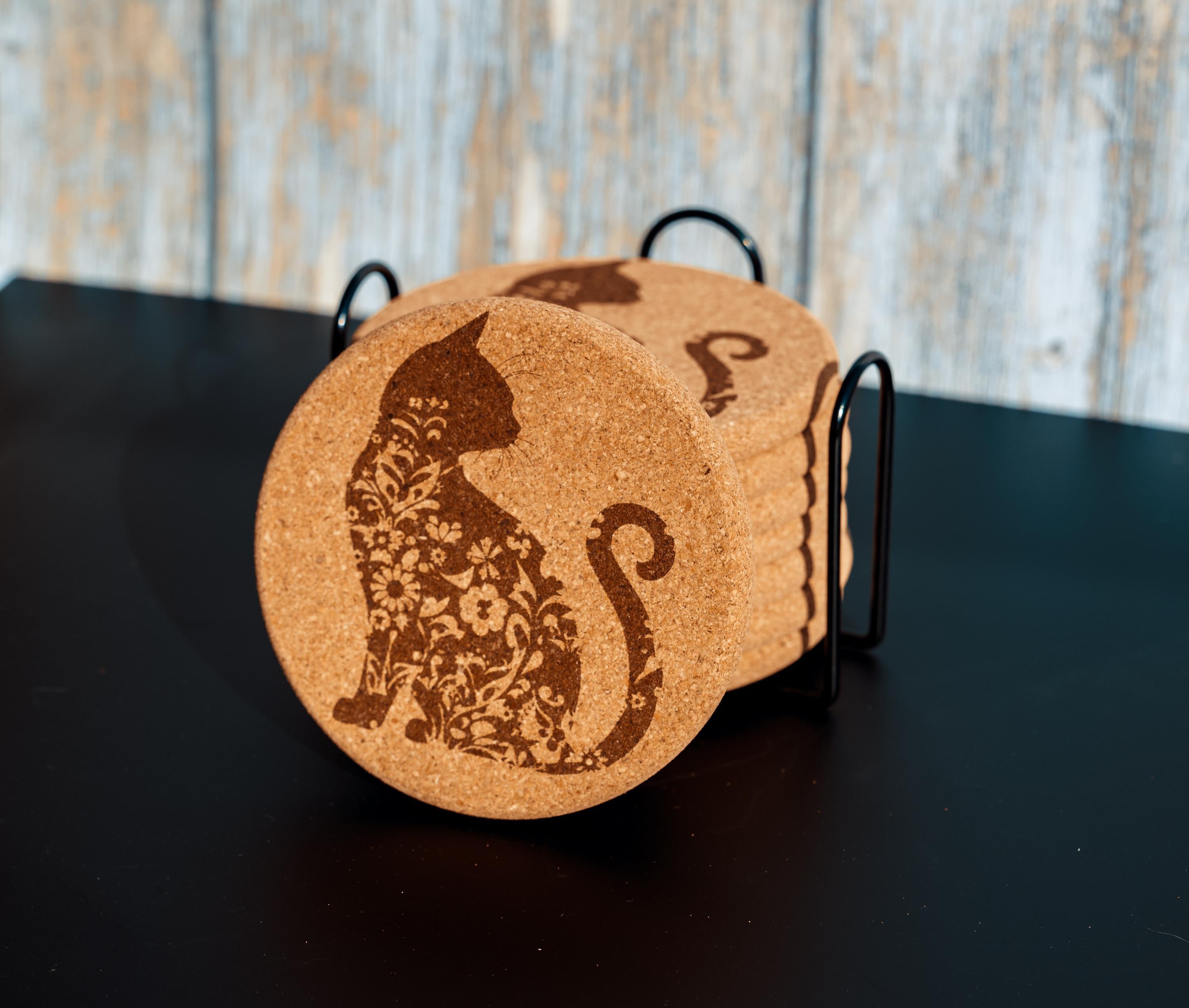 Laser engraved cat cork coaster set with holder (set of 8)